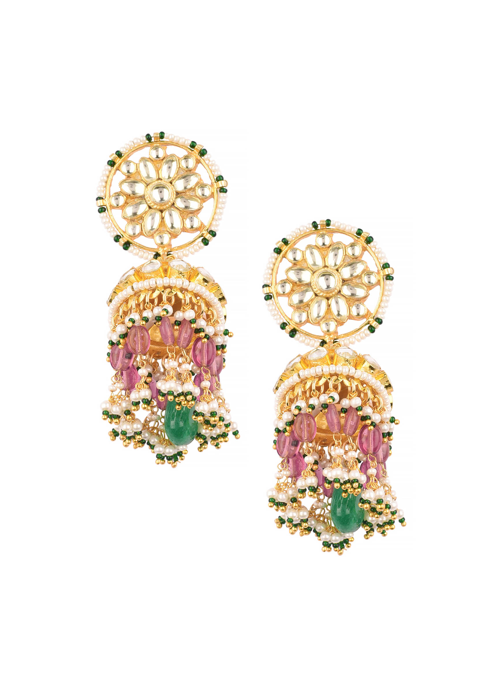 Gold Finish Kundan Earrings With Beads And Stones