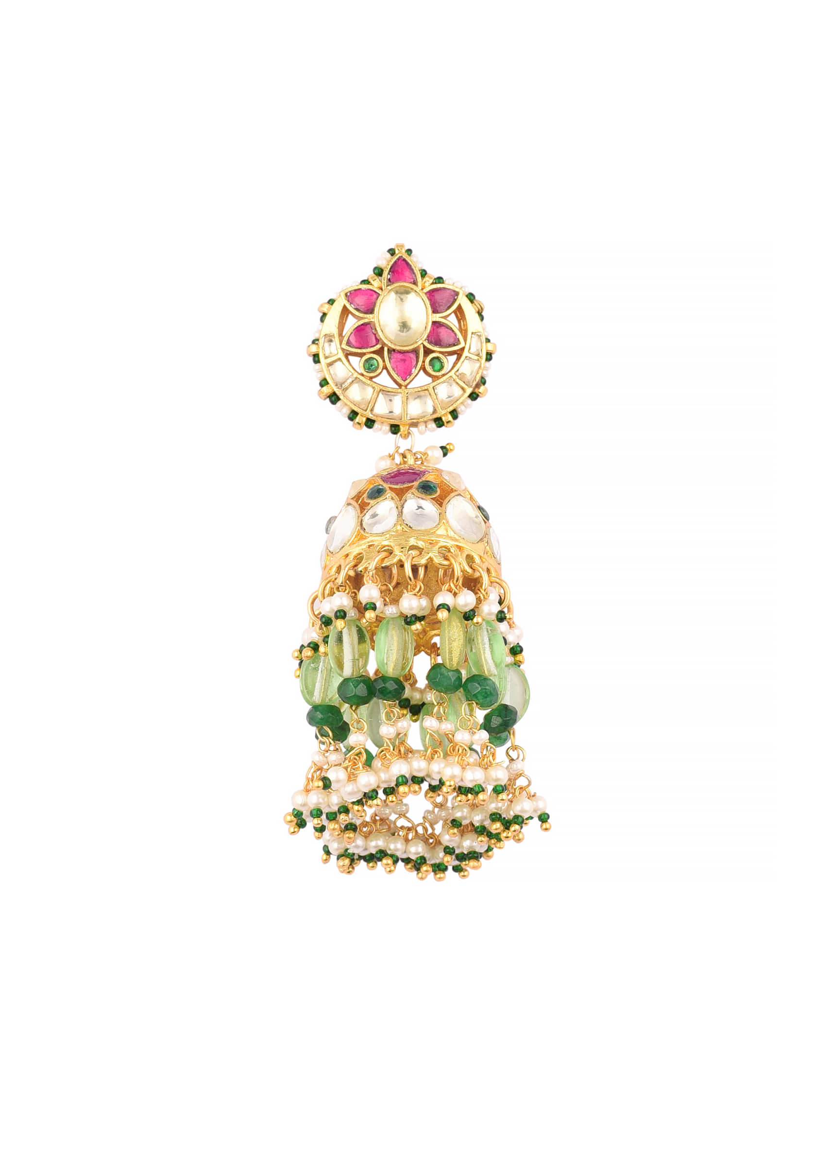Gold Finish Kundan Polki Earrings With Beads And Stones
