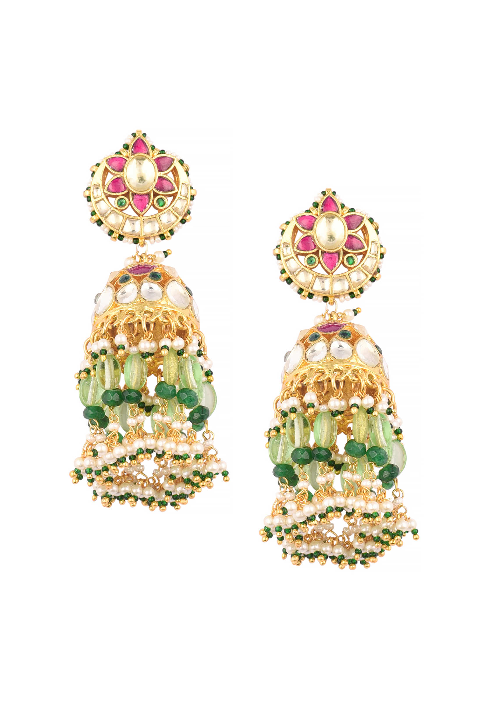 Gold Finish Kundan Polki Earrings With Beads And Stones