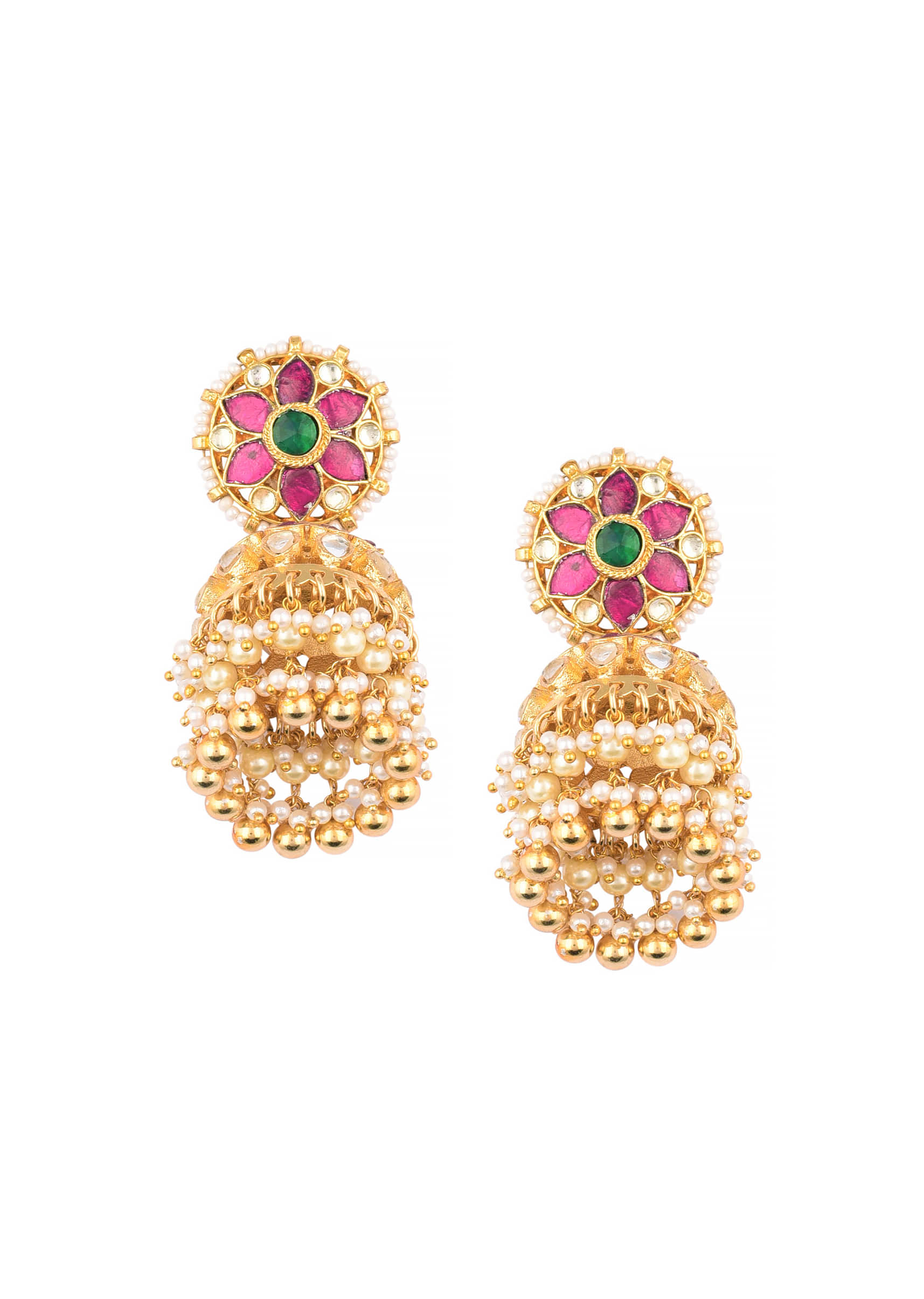 Gold Finish Kundan Earrings With Synthetic Stones And Beads