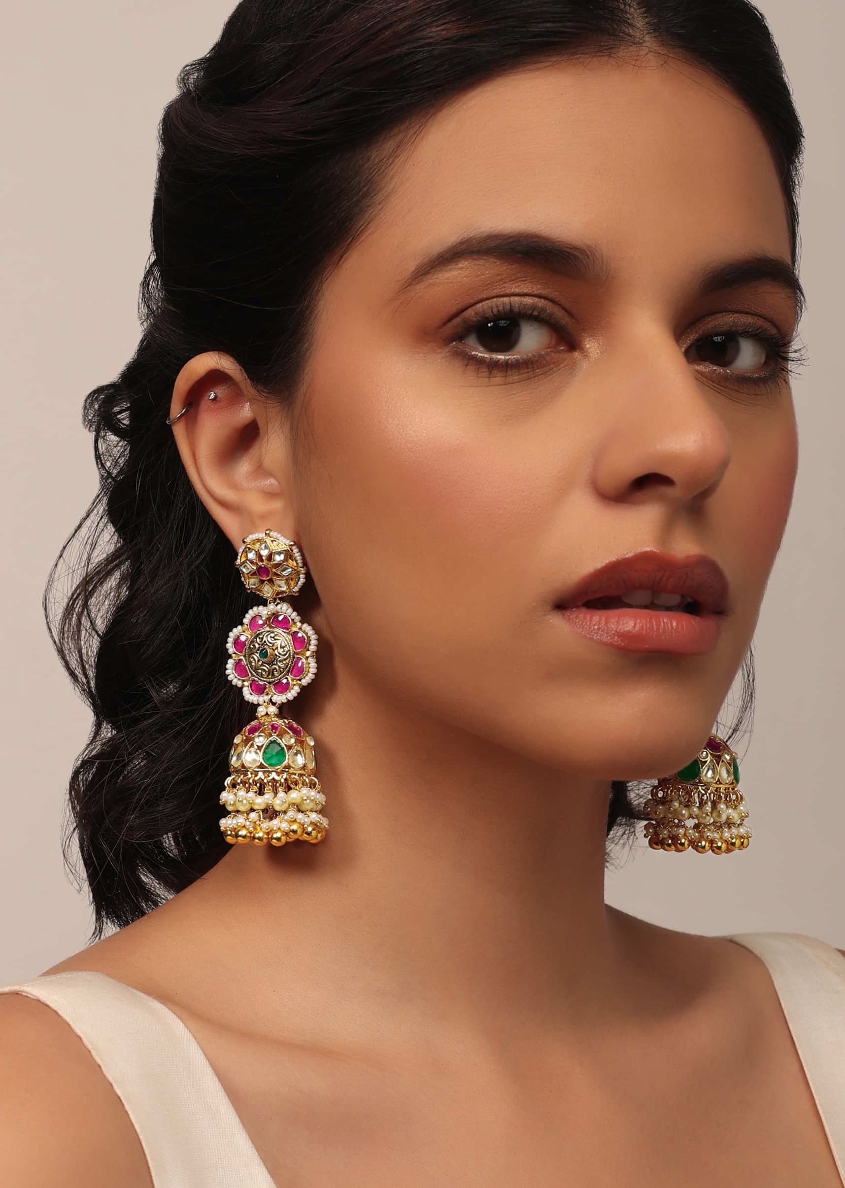 Gold Finish Kundan Earrings With Beads And Green-Red Stones