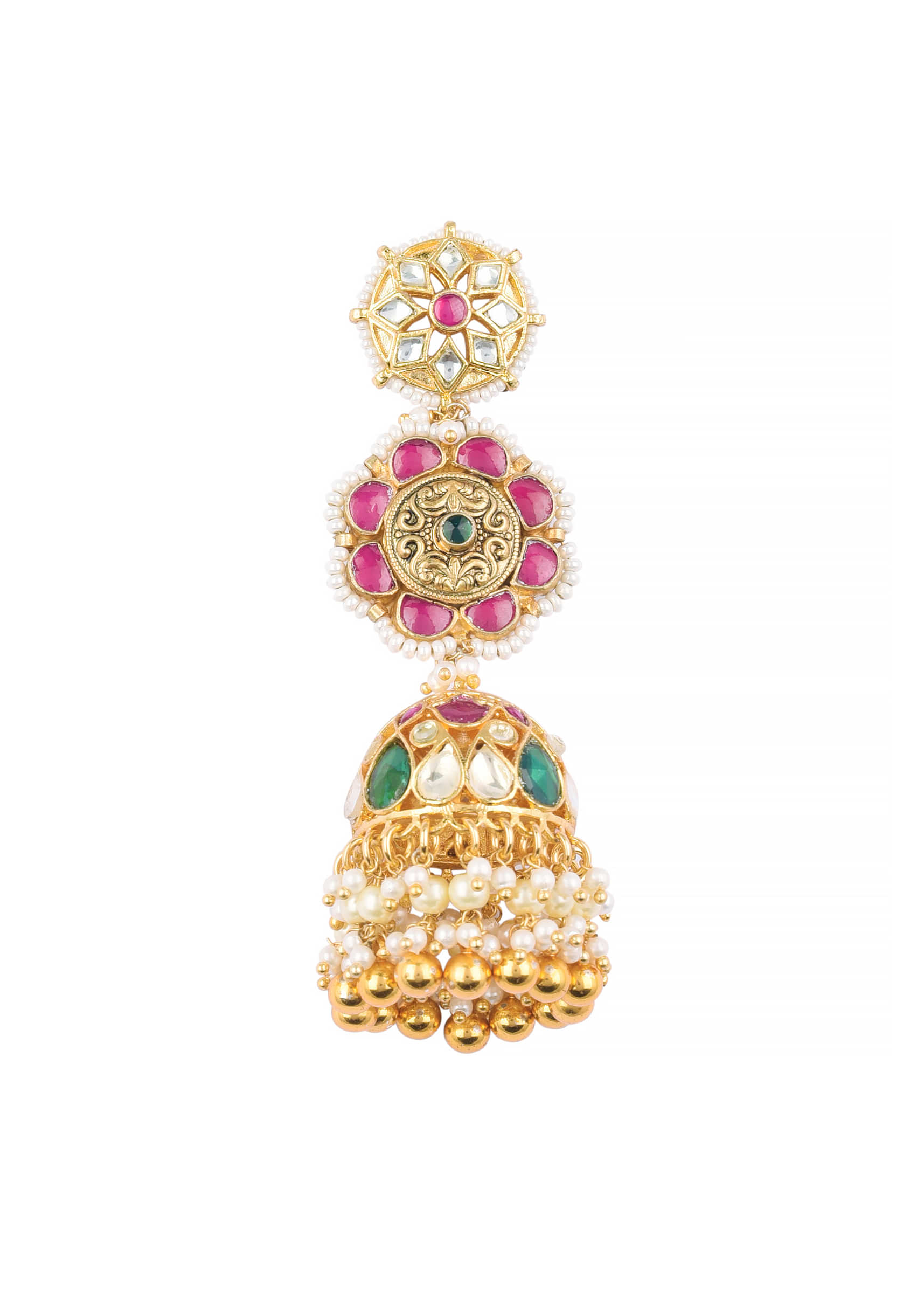 Gold Finish Kundan Earrings With Beads And Green-Red Stones