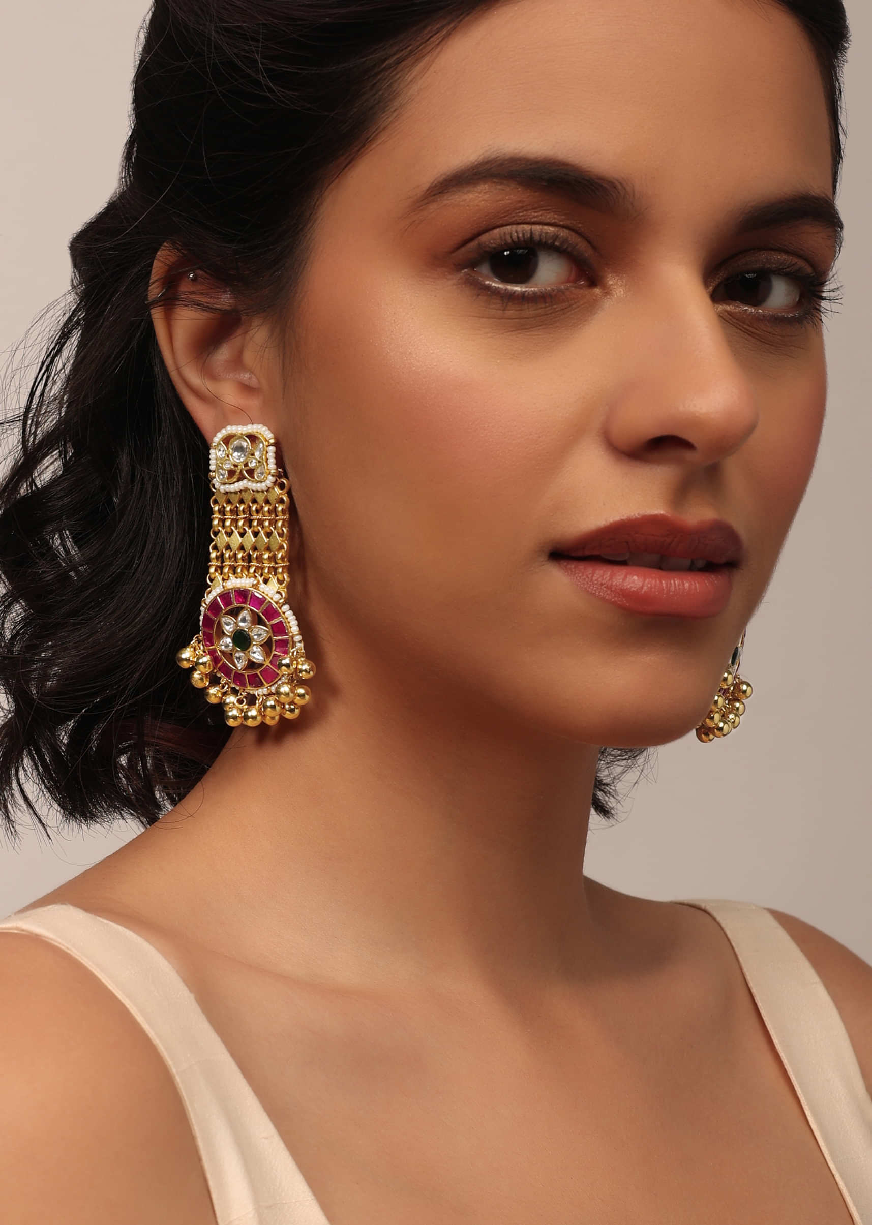 Gold Finish Kundan Polki Earrings With Beads And Green-Red Stones