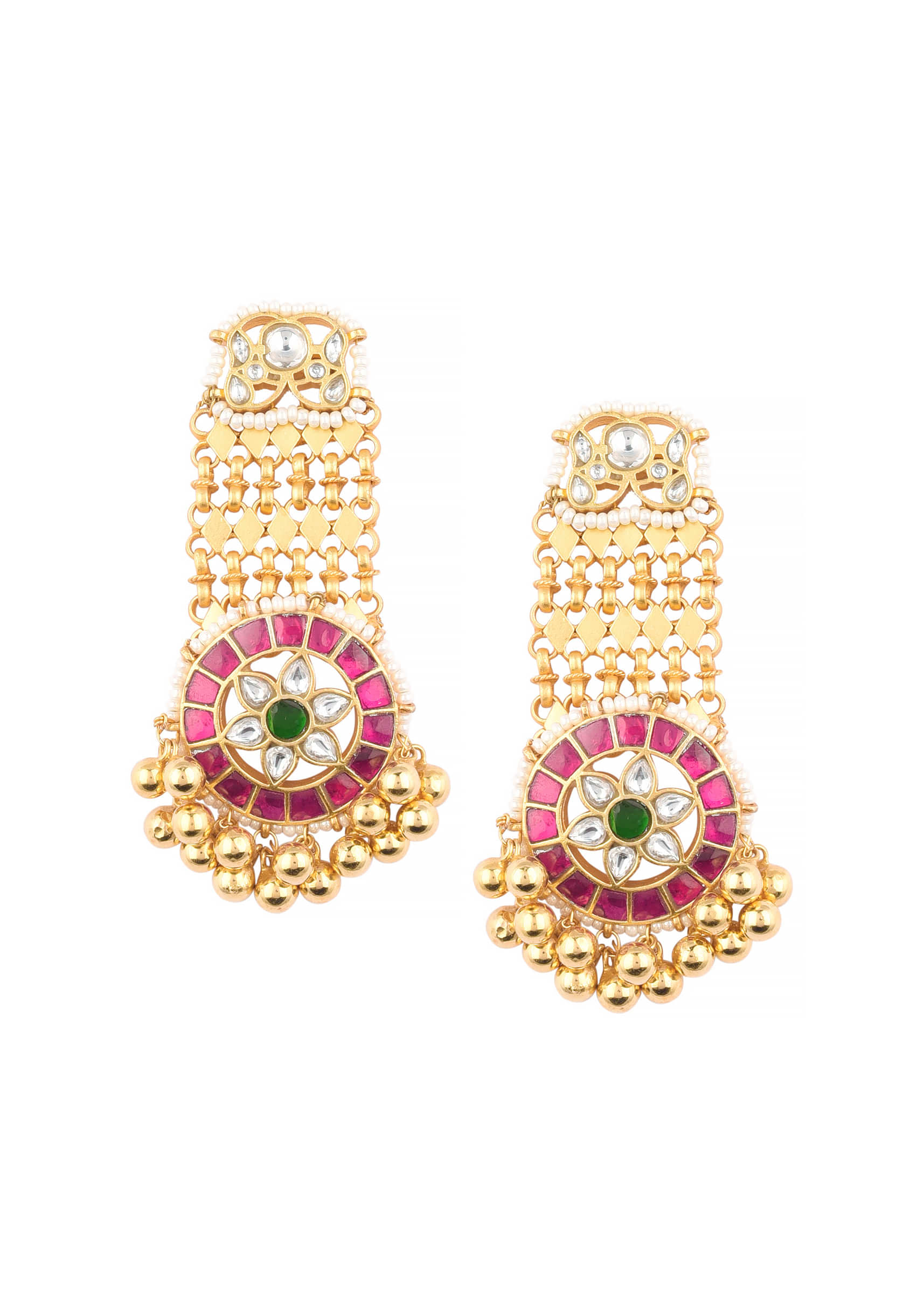 Gold Finish Kundan Polki Earrings With Beads And Green-Red Stones