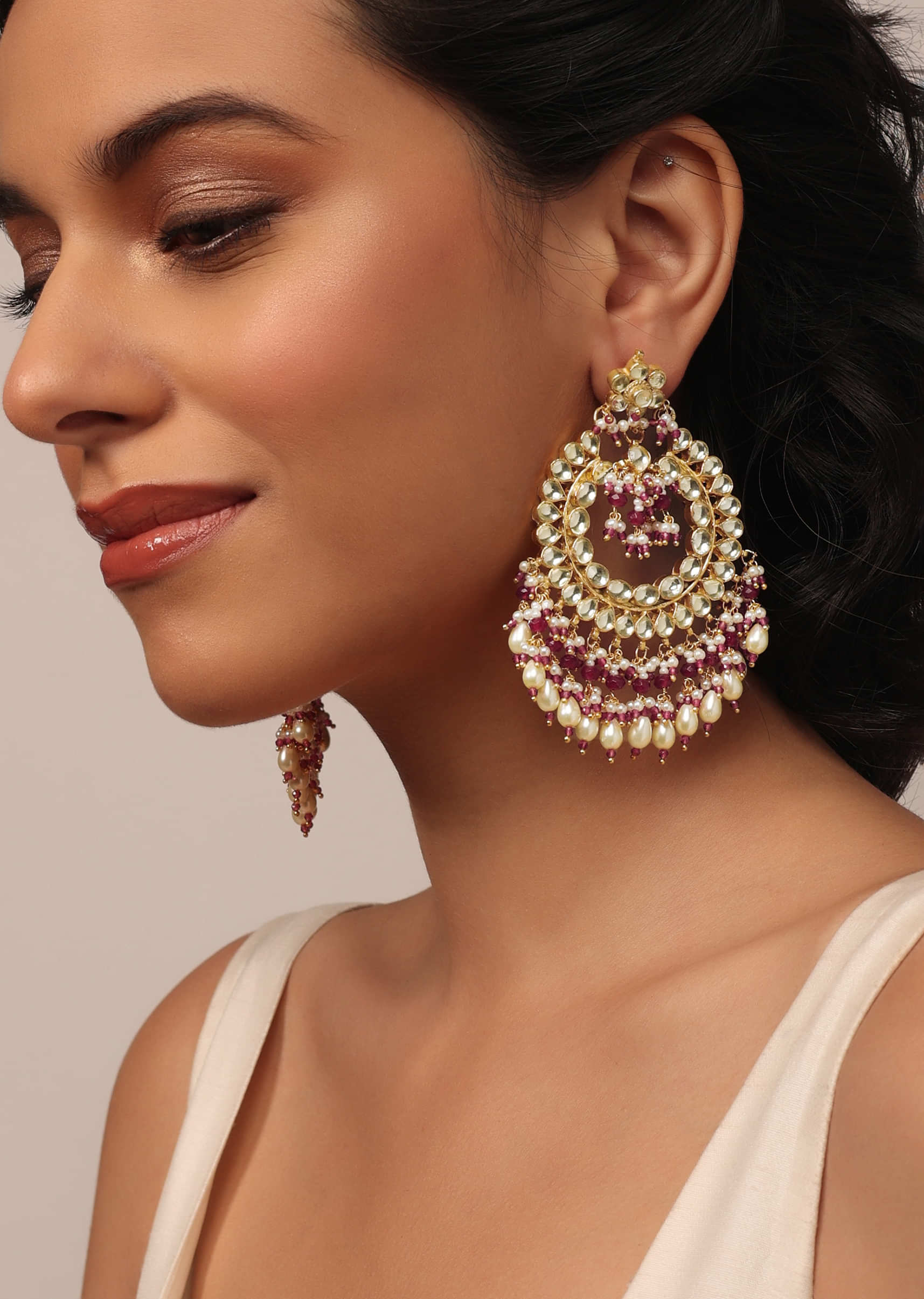 Gold Finish Kundan Polki Chandabali Earrings With Beads And Ruby Stones