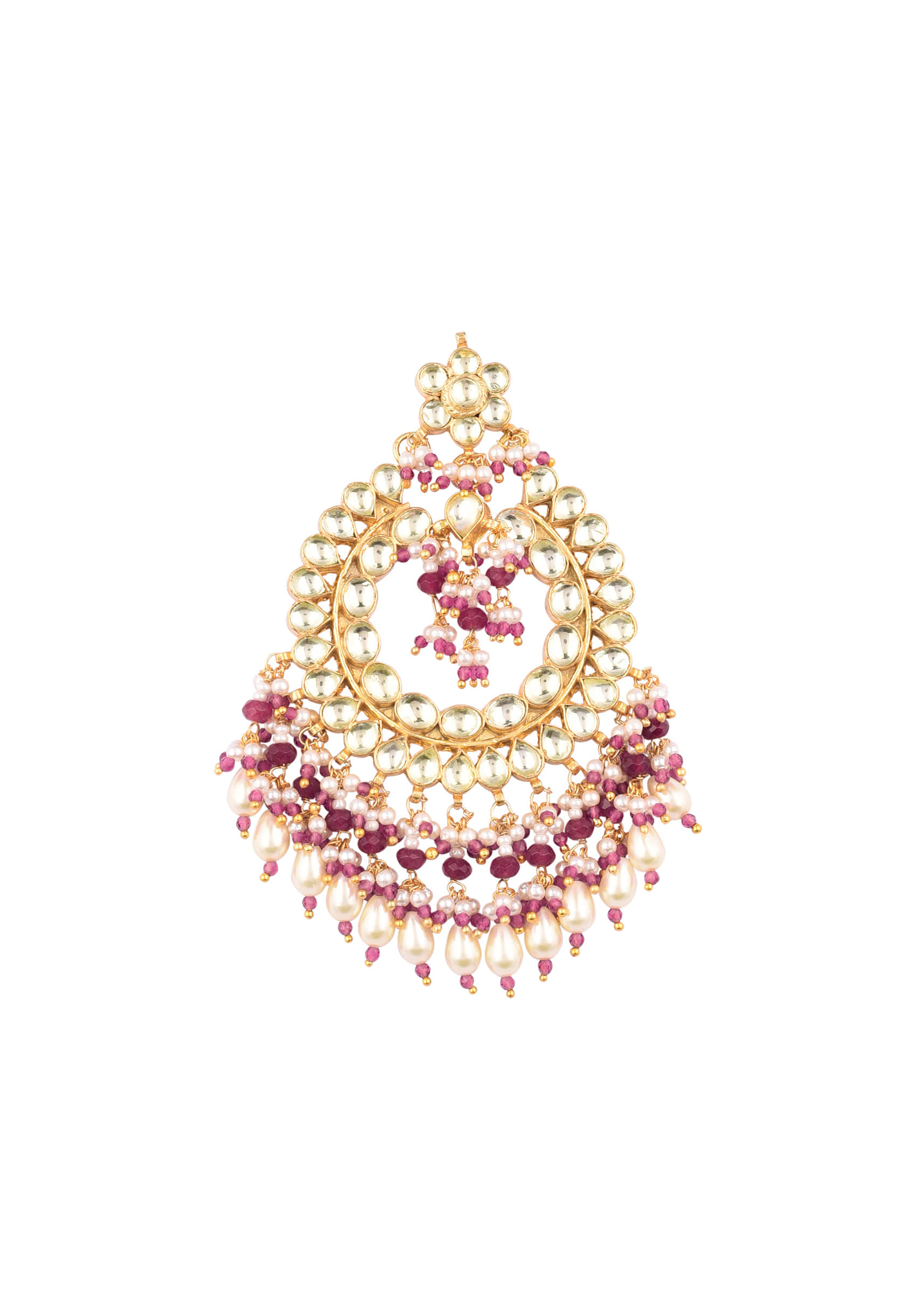 Gold Finish Kundan Polki Chandabali Earrings With Beads And Ruby Stones