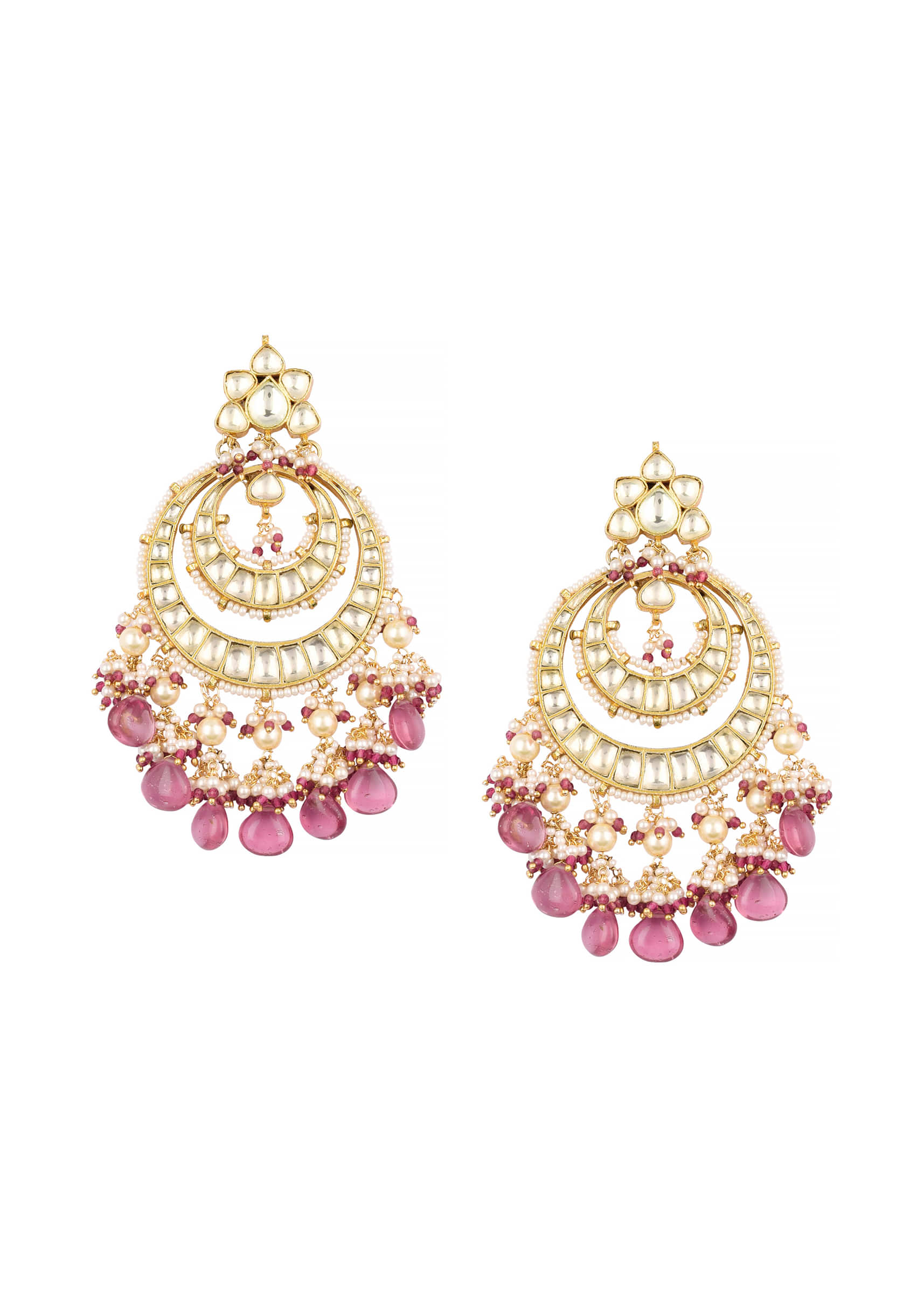 Gold Finish Kundan Earrings With Beads And Ruby Stones