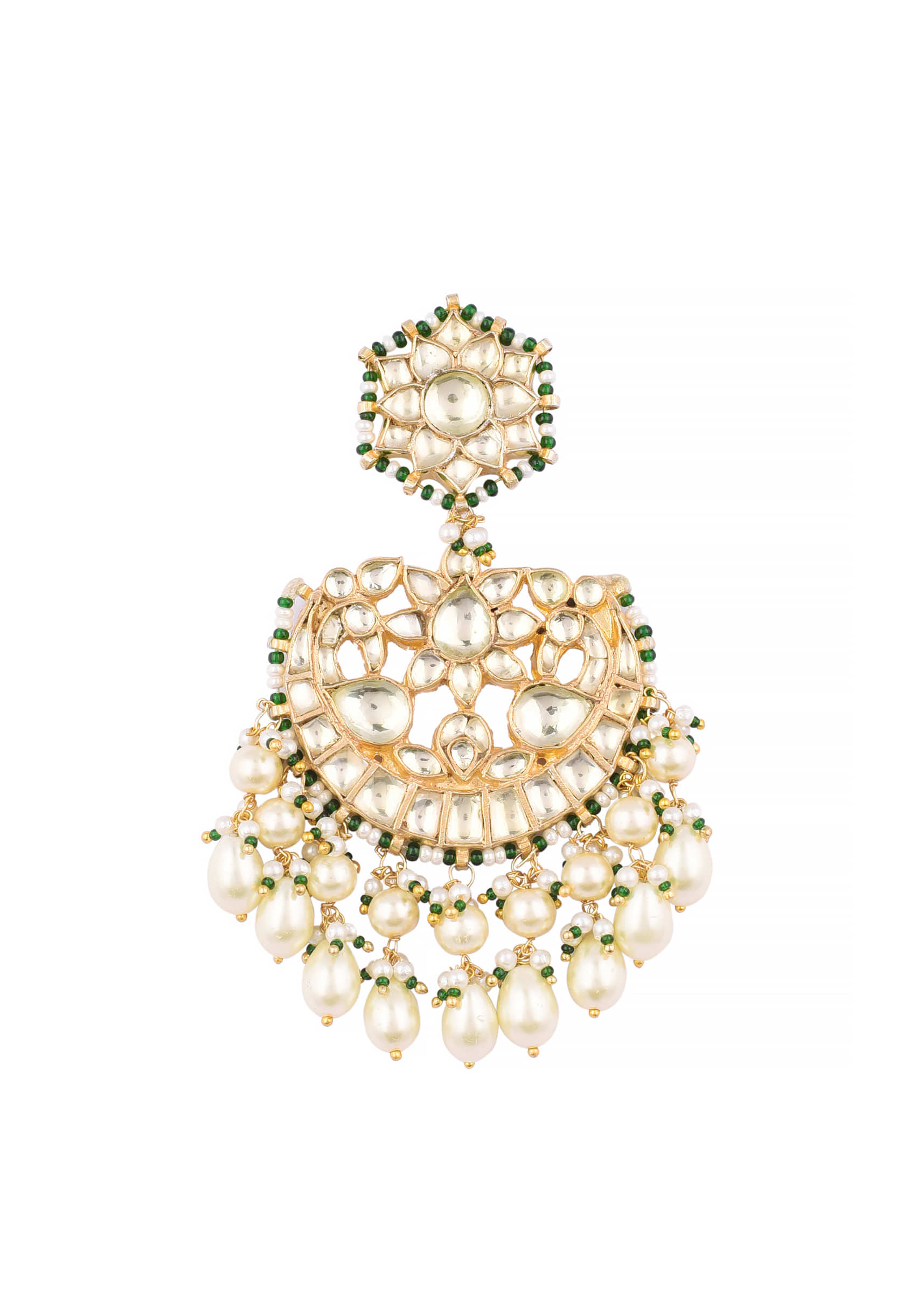 Gold Finish Kundan Chandabali Earrings With Beads And Synthetic Emerald Stones