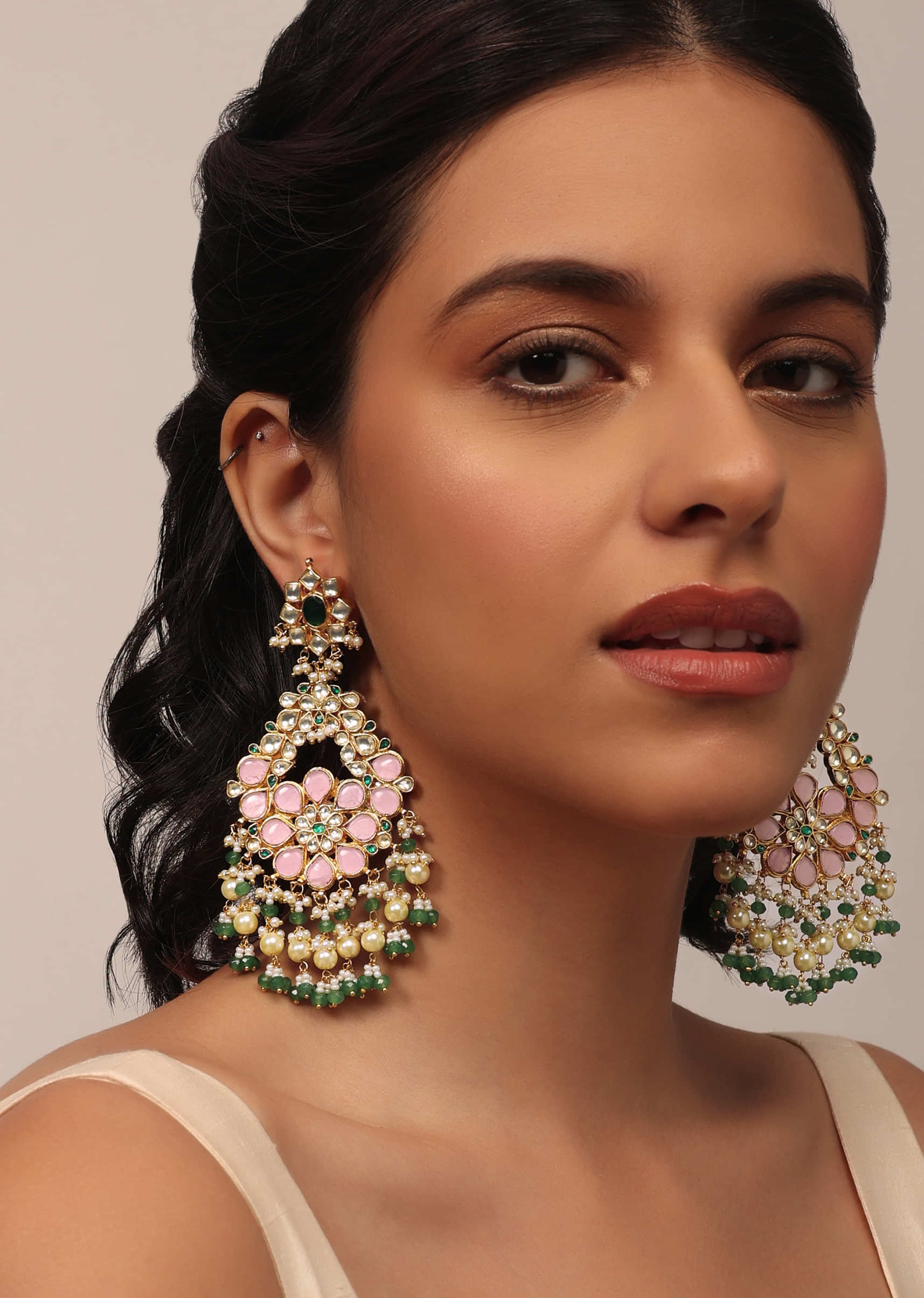 Gold Finish Kundan Earrings With Pearls, Pink And Green Stones