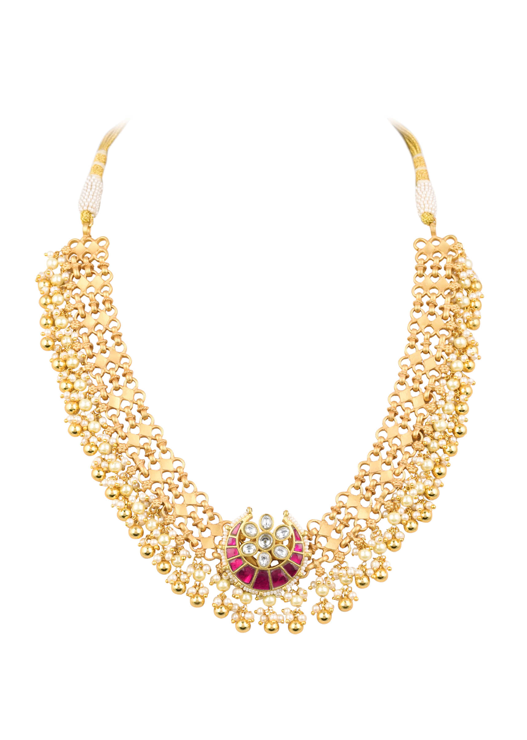 Gold Finish Kundan Necklace Set With Beads And Synthetic Ruby Stones