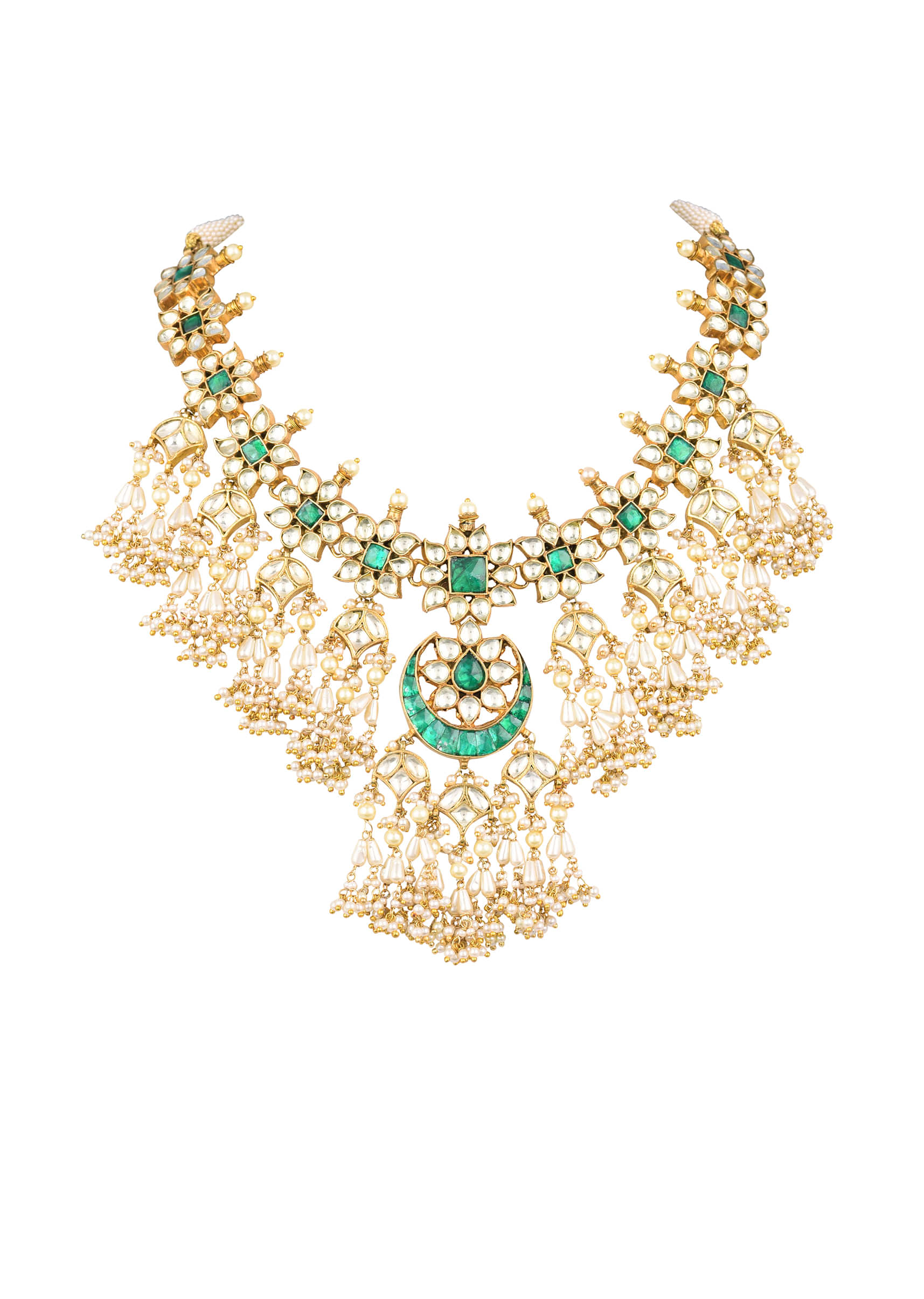 Gold Finish Kundan Necklace Set With Beads, Pearls And Synthetic Emerald Stones