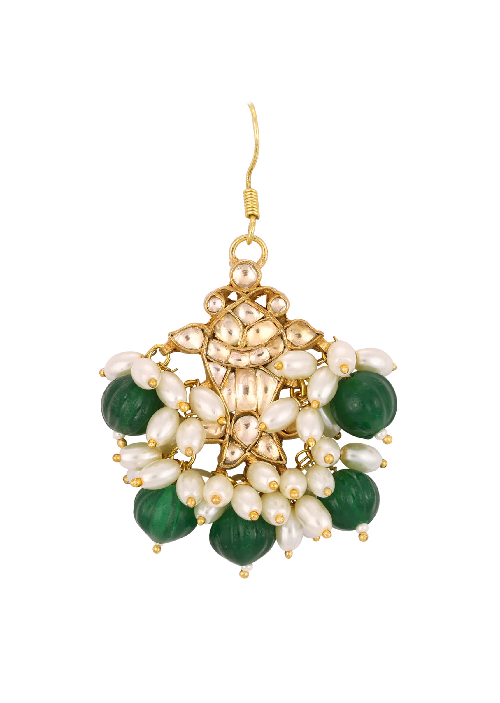 Gold Finish Kundan Polki Dangling Earrings With Synthetic Emerald Stones
