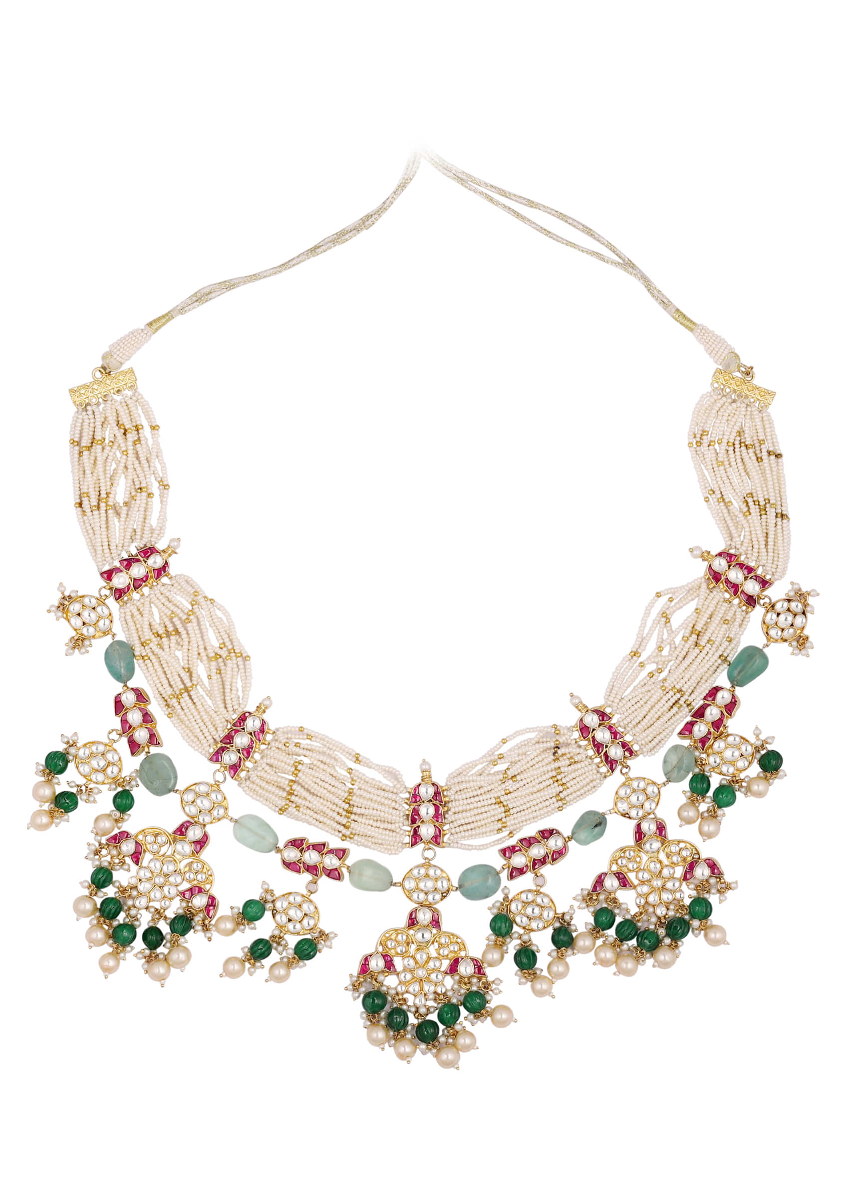 Gold Finish Kundan Polki Multicolor  Choker Set With Pearls And Green Beads