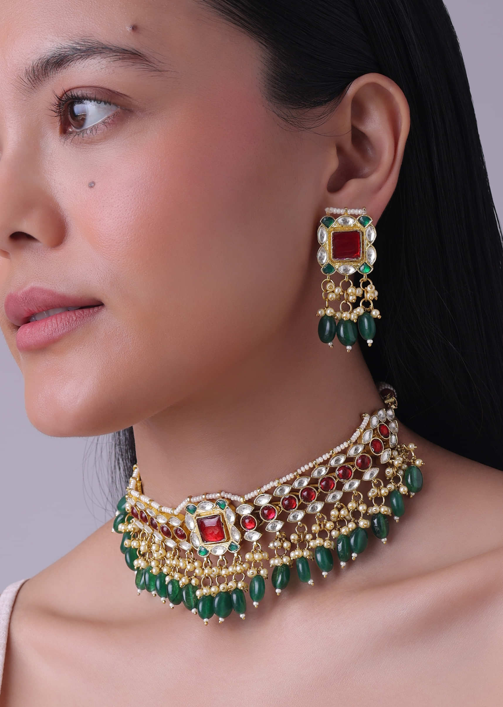 Gold Finish Kundan Polki Red And Green Choker Set With Beads And Stones