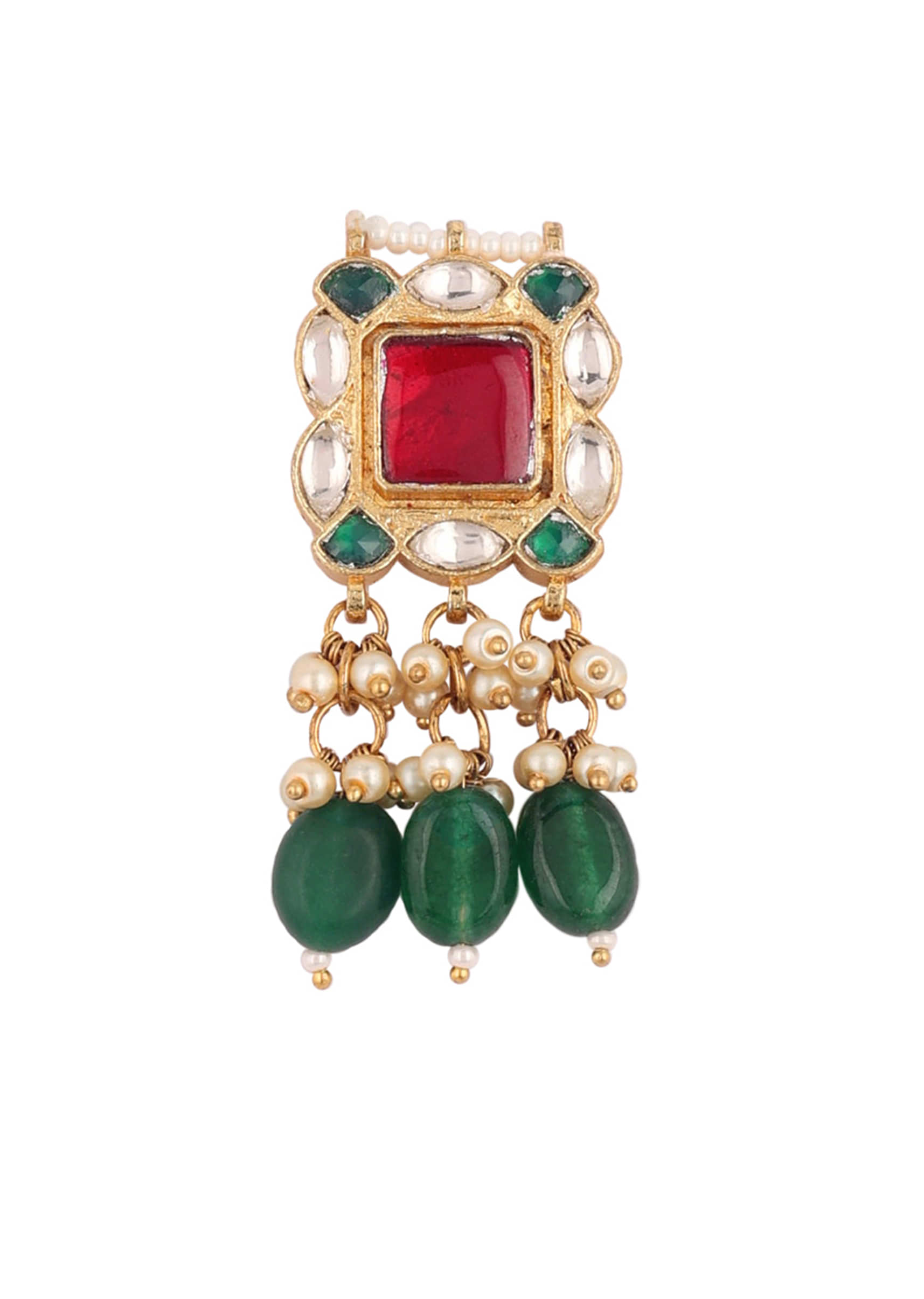 Gold Finish Kundan Polki Red And Green Choker Set With Beads And Stones