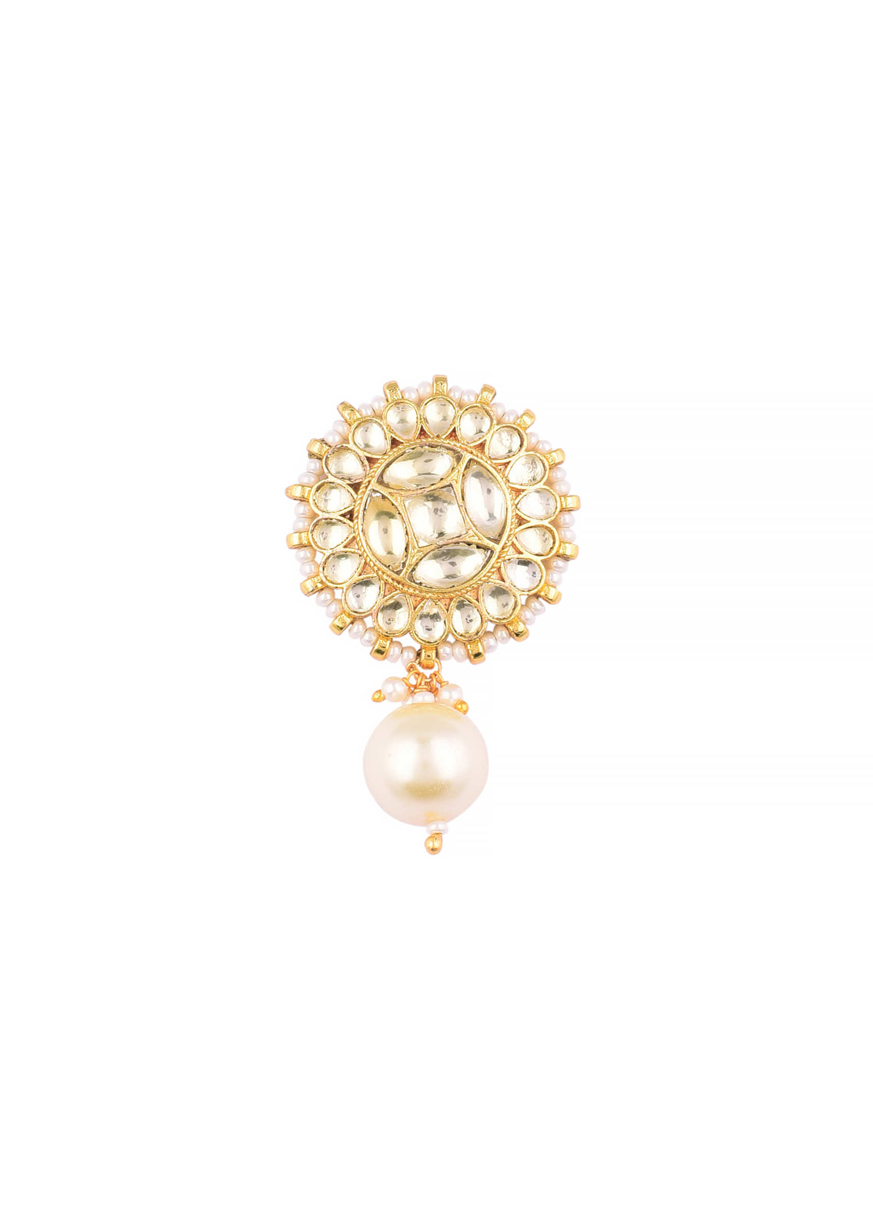 Gold Finish Kundan Polki Stud Earrings With Pearls