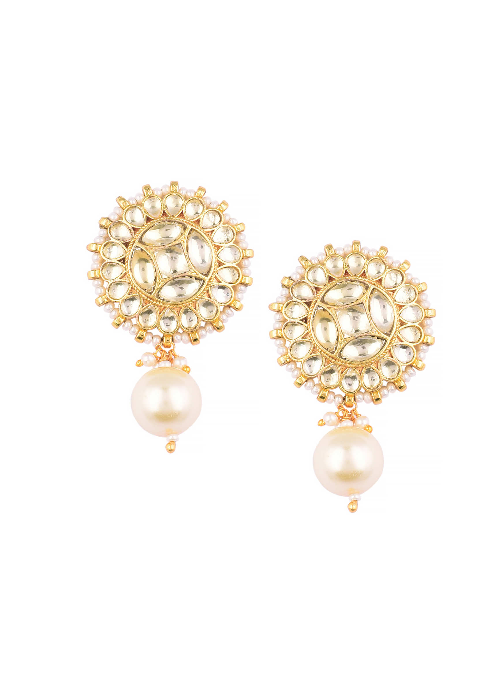 Gold Finish Kundan Polki Stud Earrings With Pearls