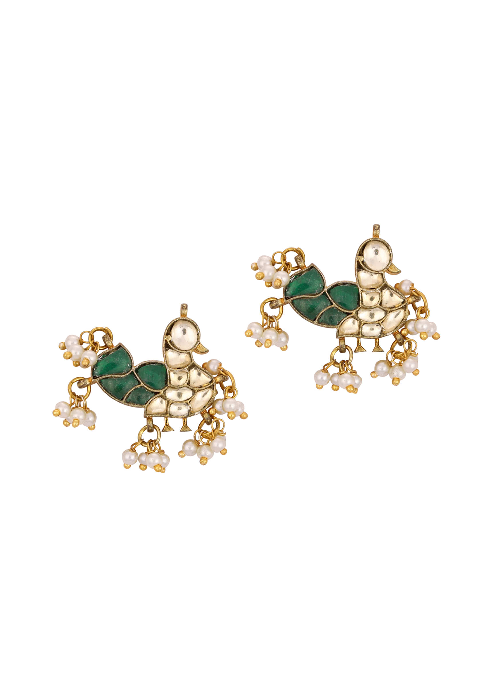 Gold Finish Kundan Polki Stud Earrings With Synthetic Emerald Stones With Beads