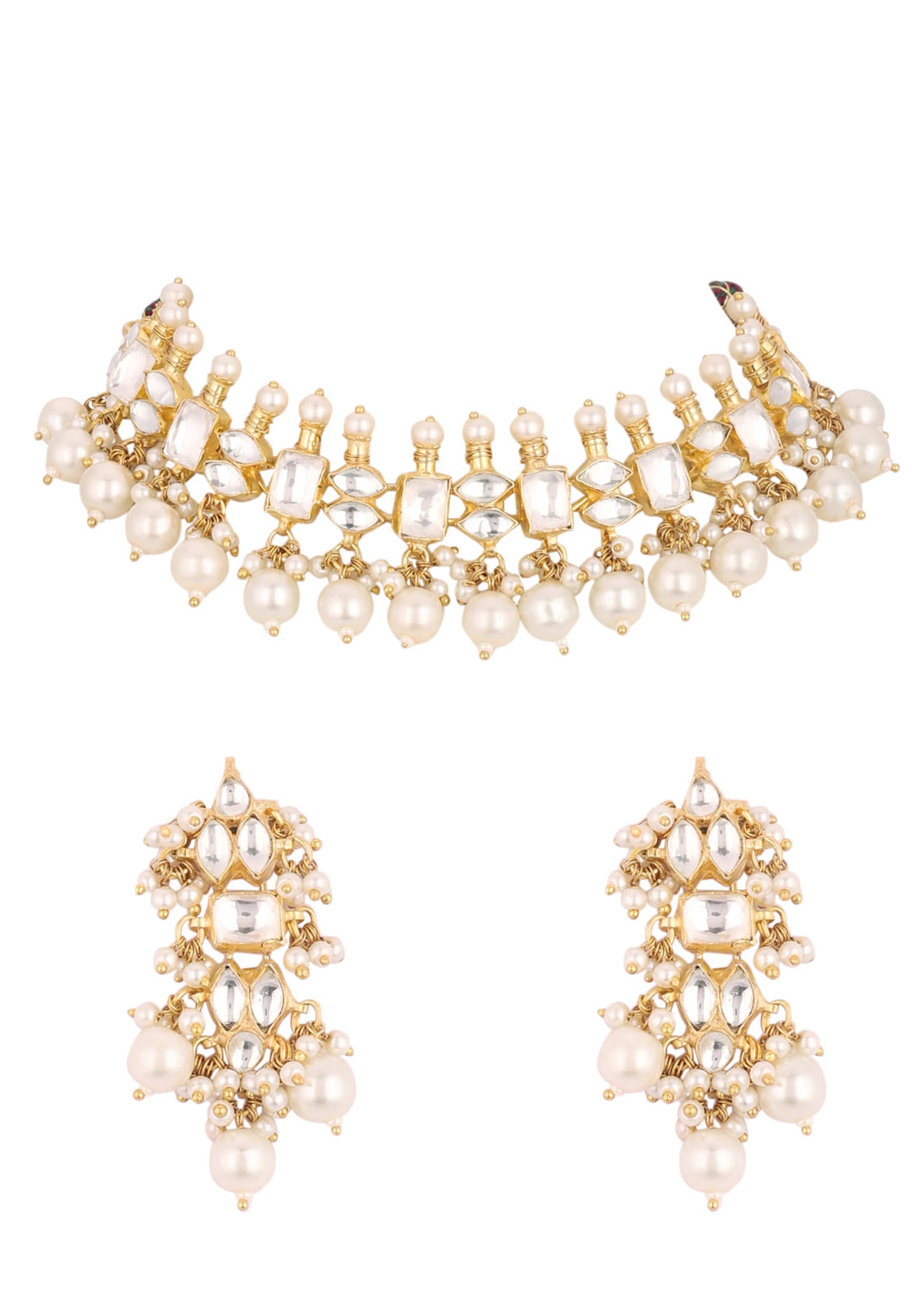 Gold Finish Kundan Polki White Necklace Set With Beads, Stones, And Pearls