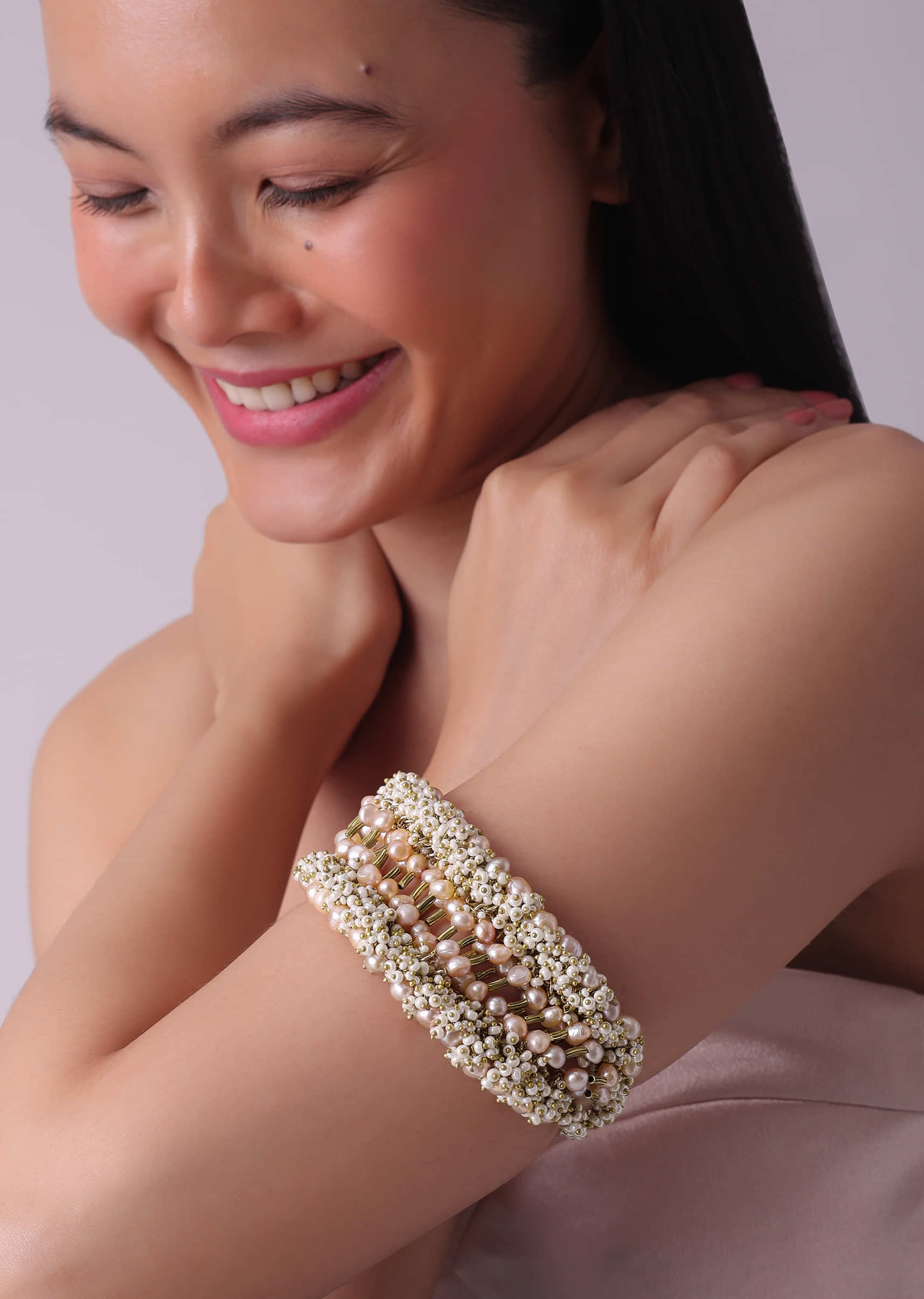 Gold Finish Pearls Handcrafted Split Armlet