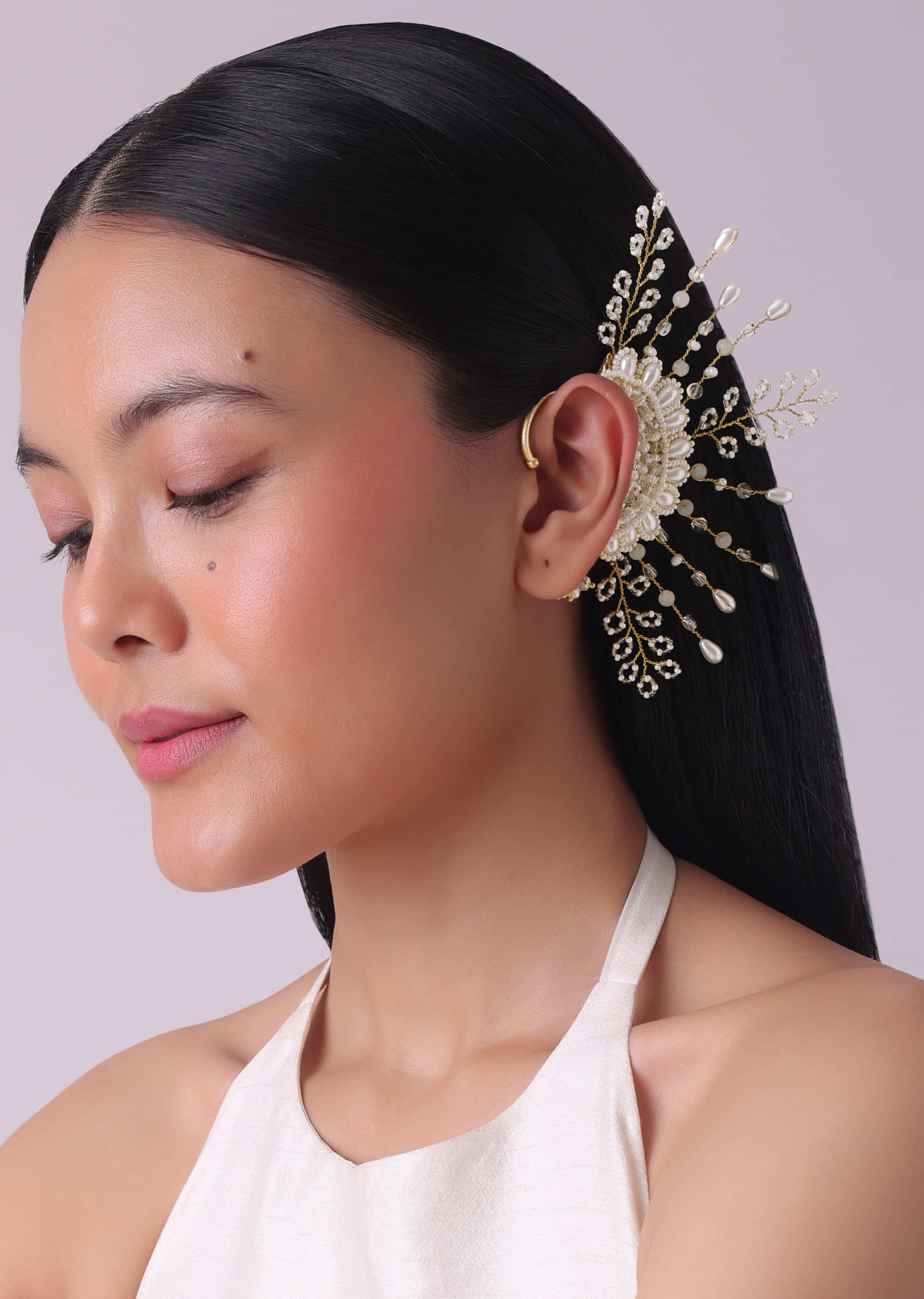 Gold Finish White Pearl Embellished Ear Cuff