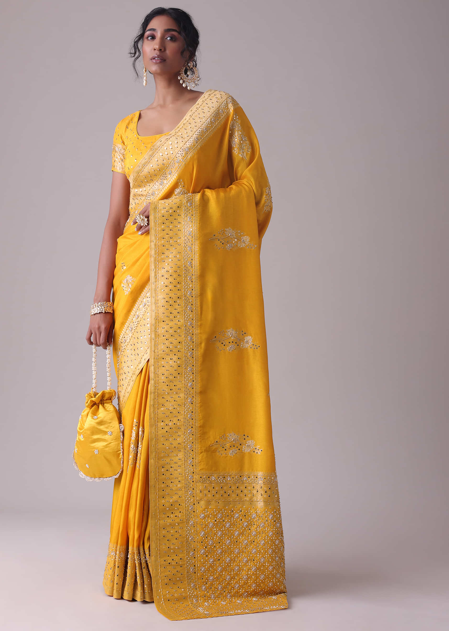 Gold Fusion Yellow Embroidered Saree In Khadi Silk