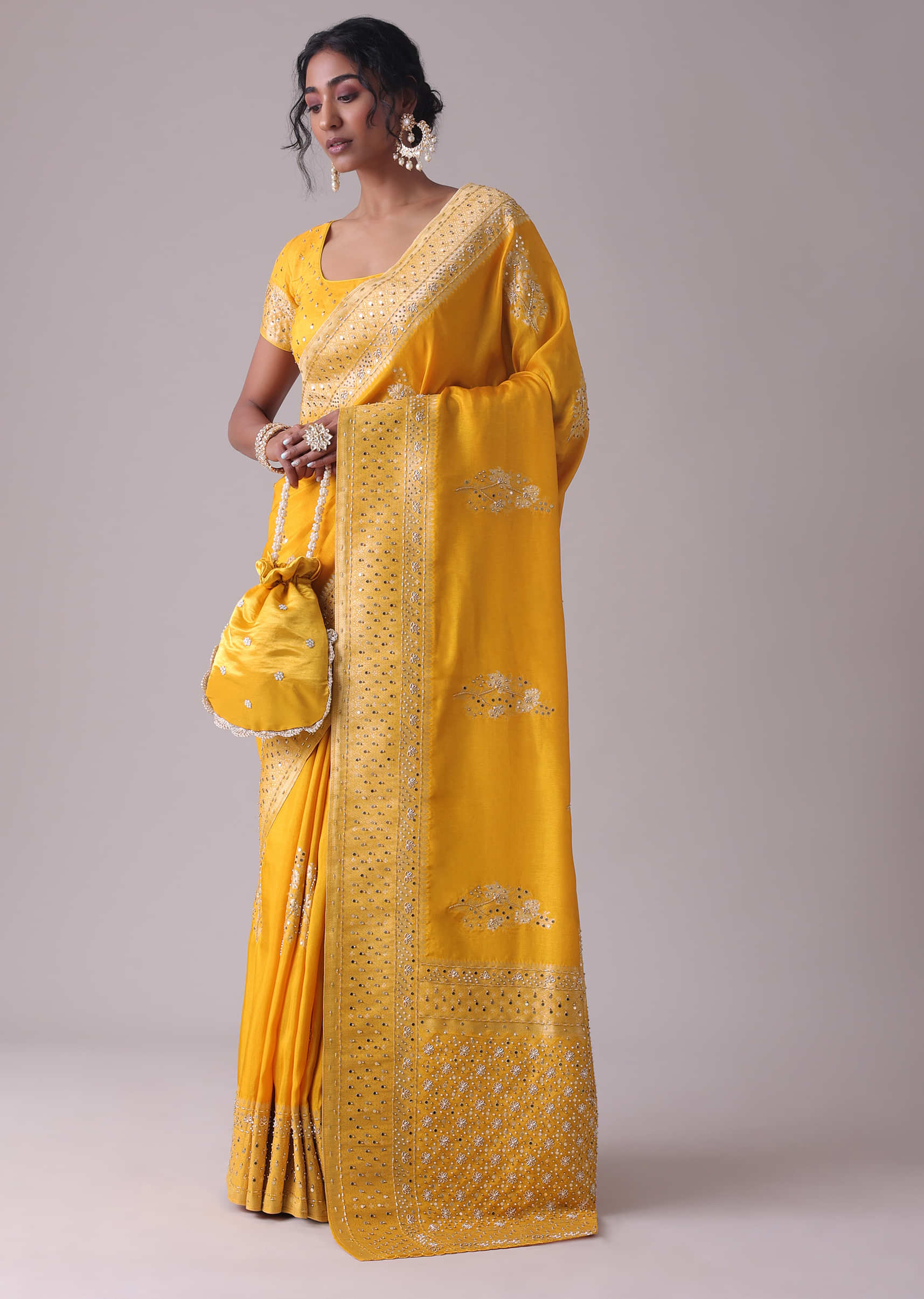 Gold Fusion Yellow Embroidered Saree In Khadi Silk