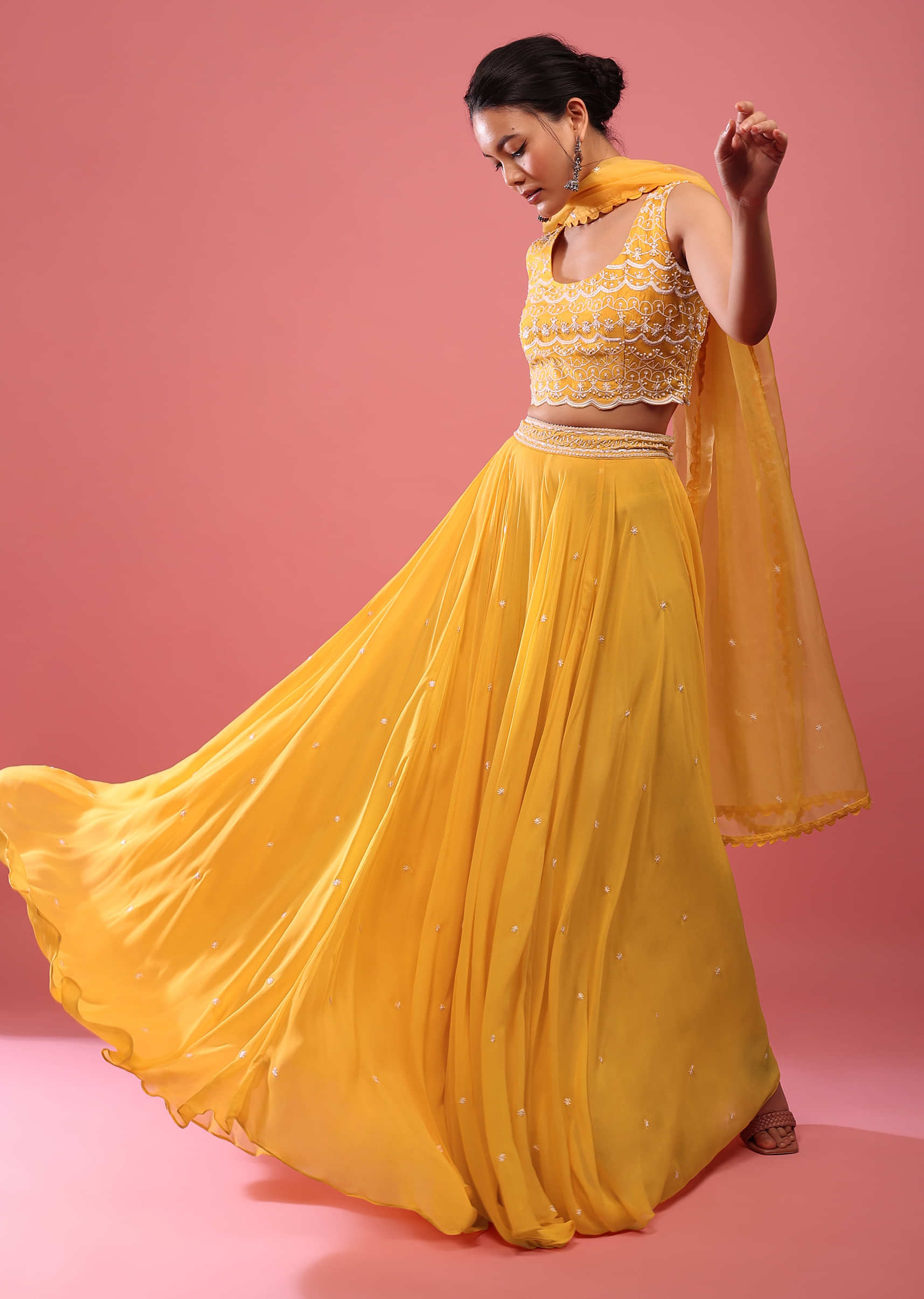Canary Yellow Lehenga In Georgette With Fully Embroidered Blouse And Organza Dupatta