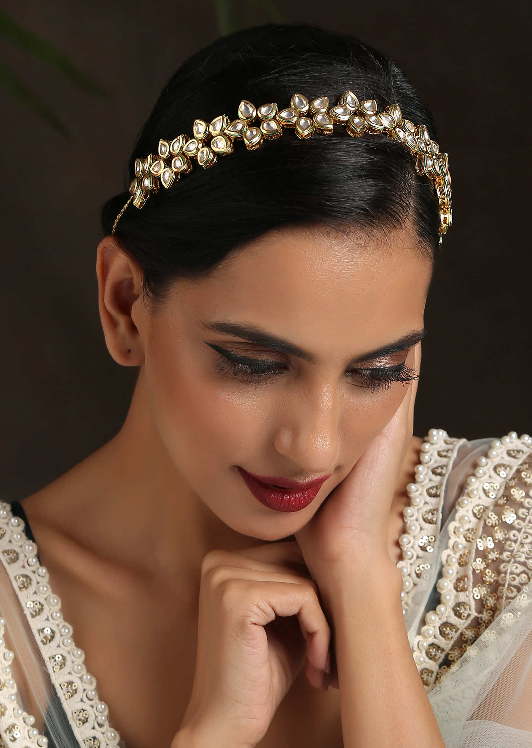 Gold Headband With Floral Kundan Design And Shell Pearls By Paisley Pop
