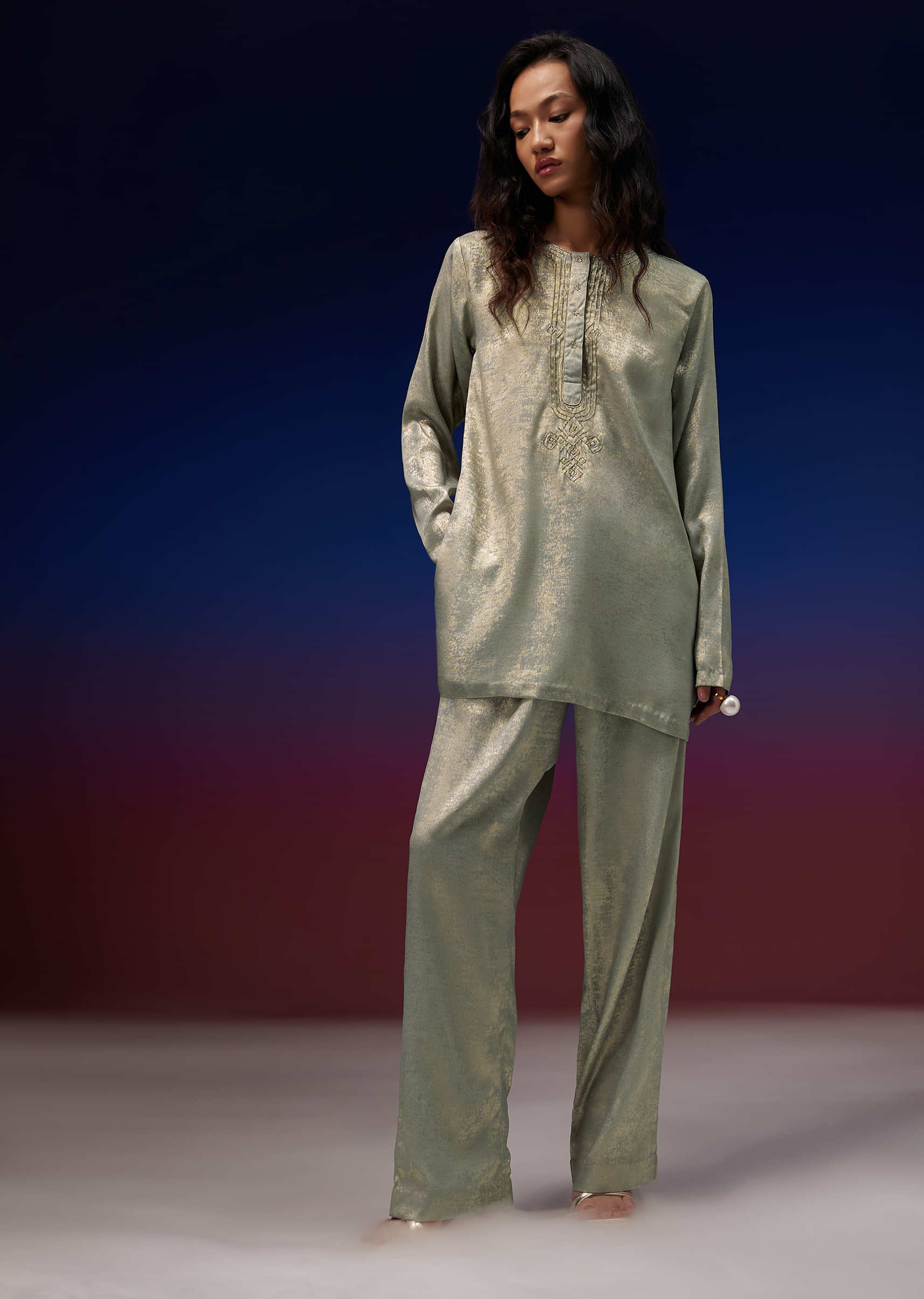 Gold Kurta And Pant In Foil With Sequins Embroidery