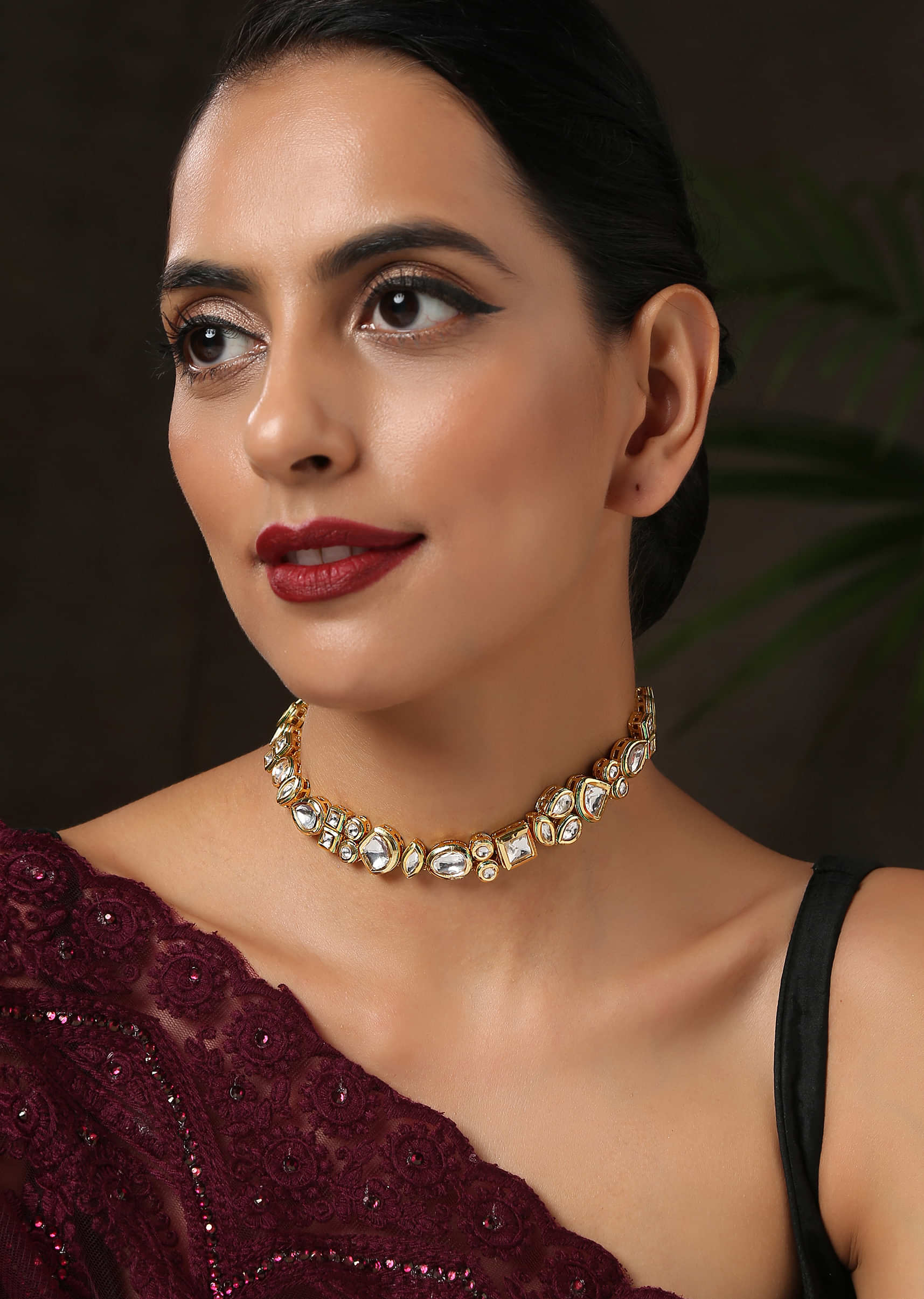 Gold Minimalist Choker Necklace In An Edgy Kundan Design By Paisley Pop