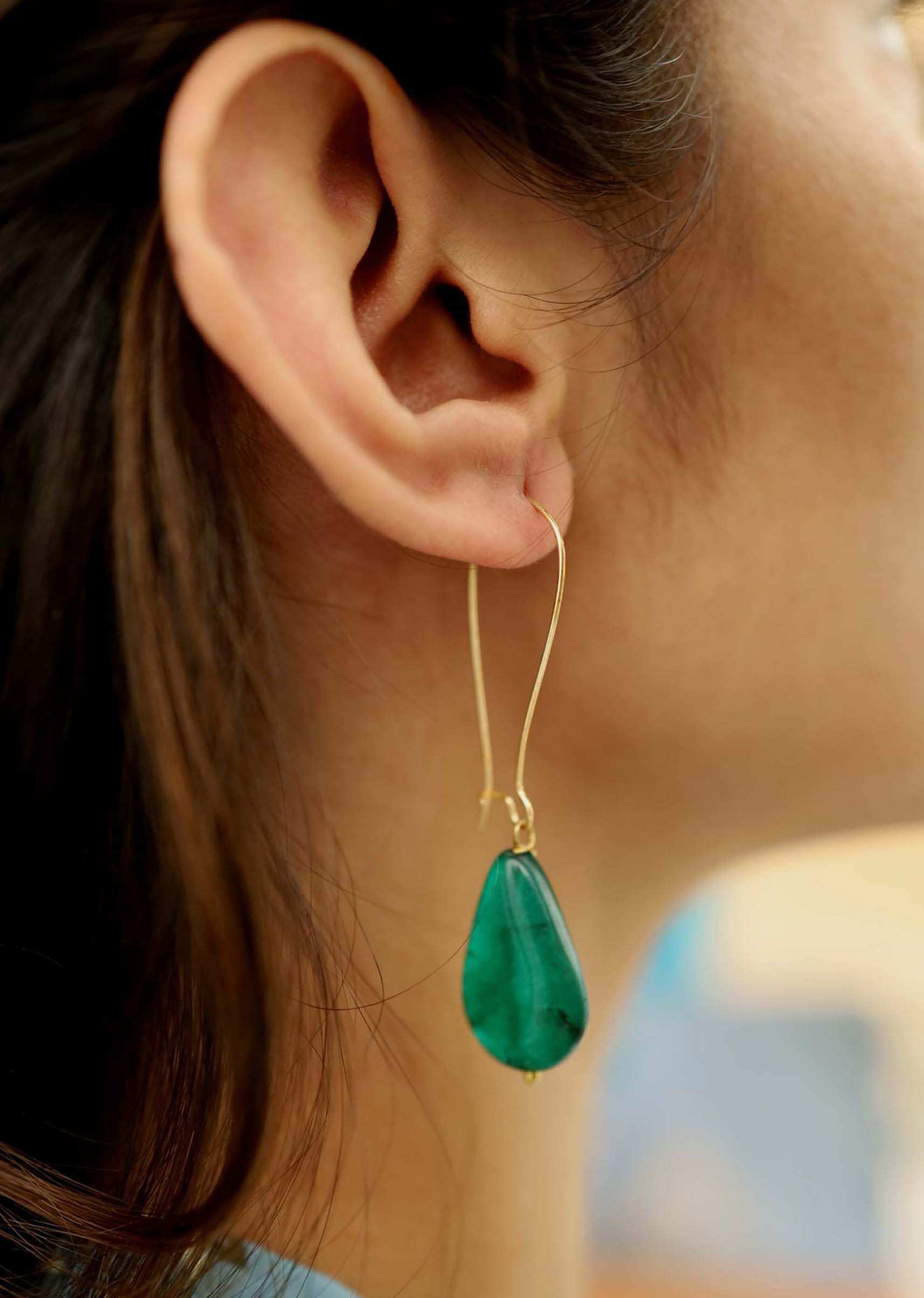 Gold Plated Earrings With Dangling Green Jade Drop