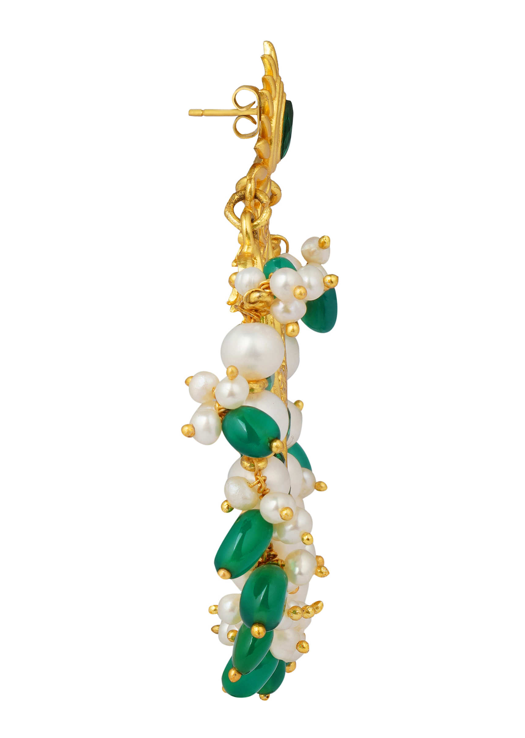 Gold Plated Earrings With Green Cz, Miniature Pearls And Green Onyx Beads By Zariin