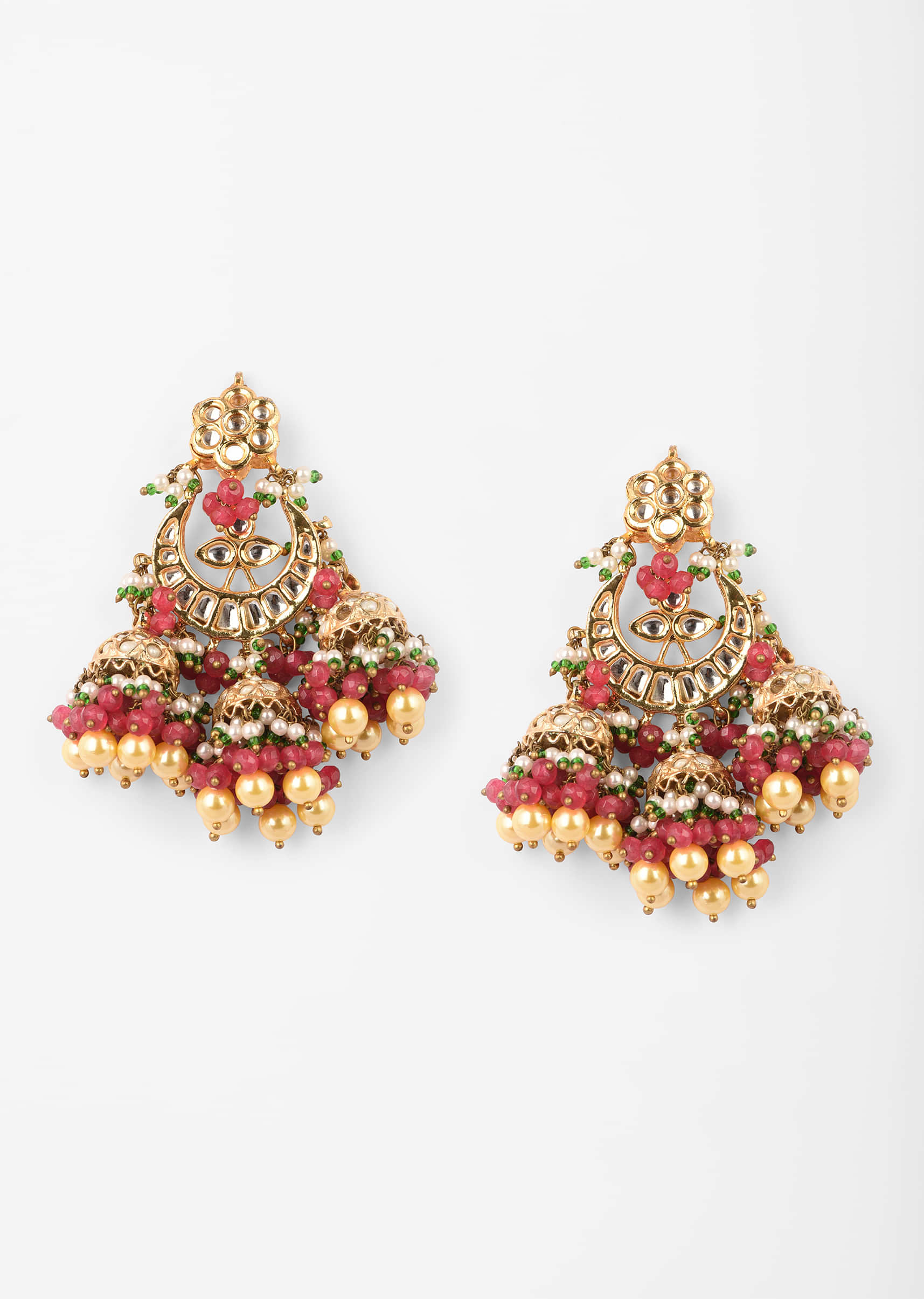 Gold Plated Earrings With Mini Jhumkis Adorned In Pink And Moti Fringes
