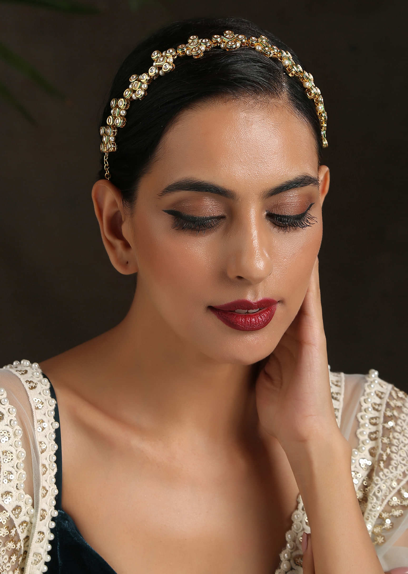 Gold Plated Headband With Kundan And Shell Pearls In Floral Motifs By Paisley Pop