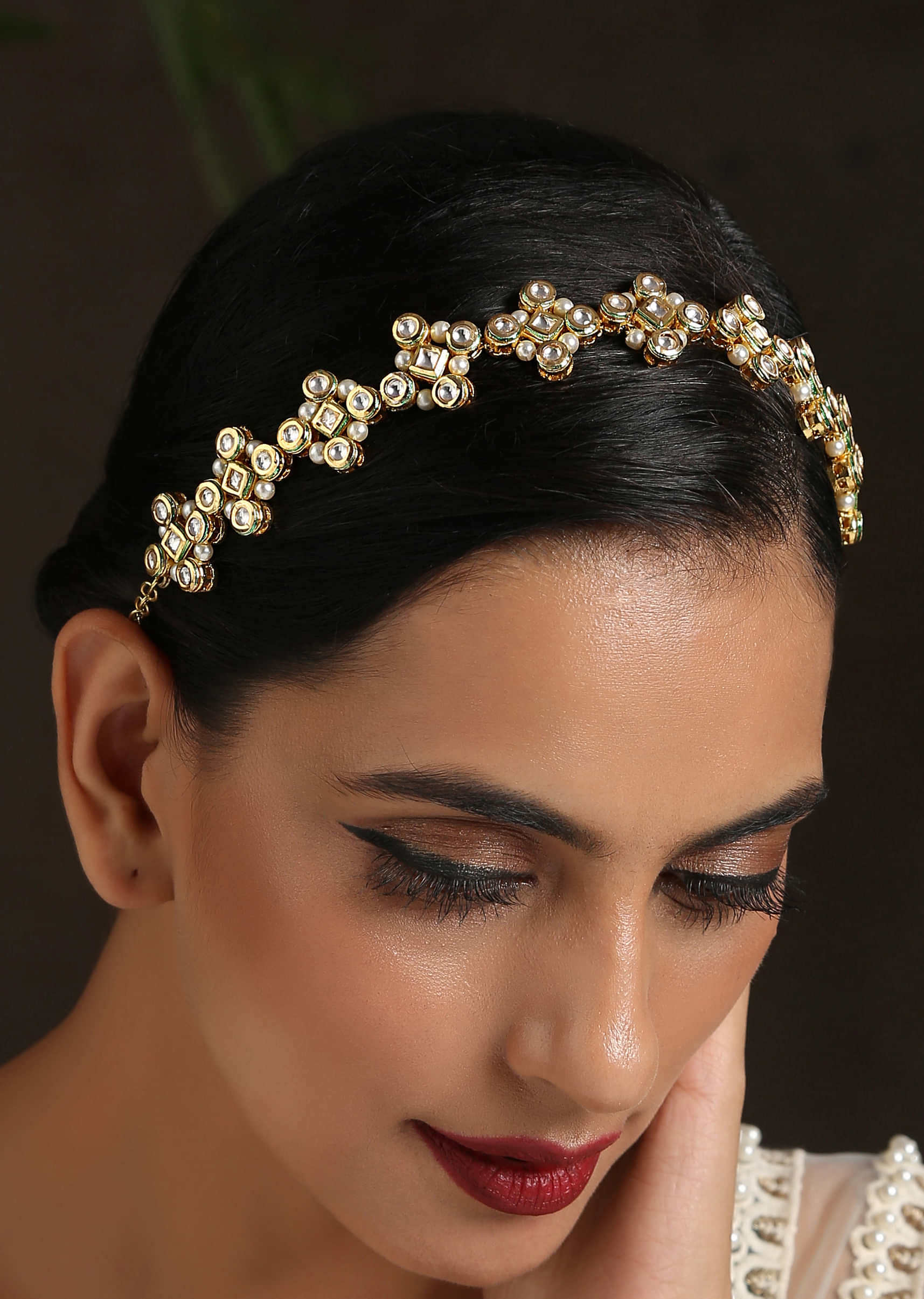 Gold Plated Headband With Kundan And Shell Pearls In Floral Motifs By Paisley Pop