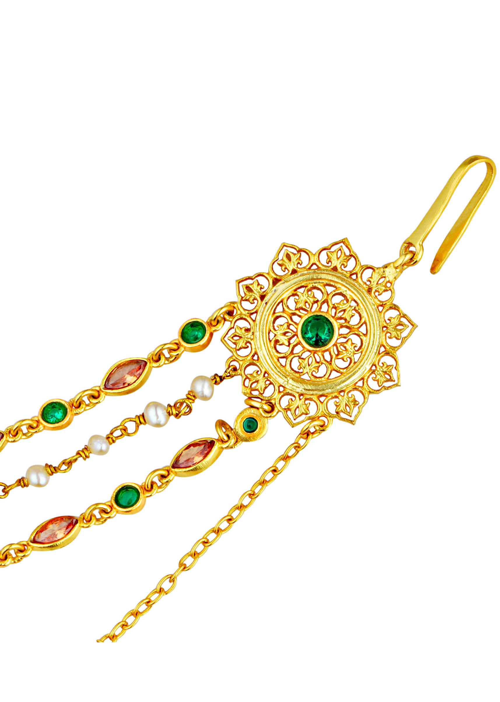Gold Plated Jhumkas With Pearls And Green Onyx Beads And String Detailing By Zariin