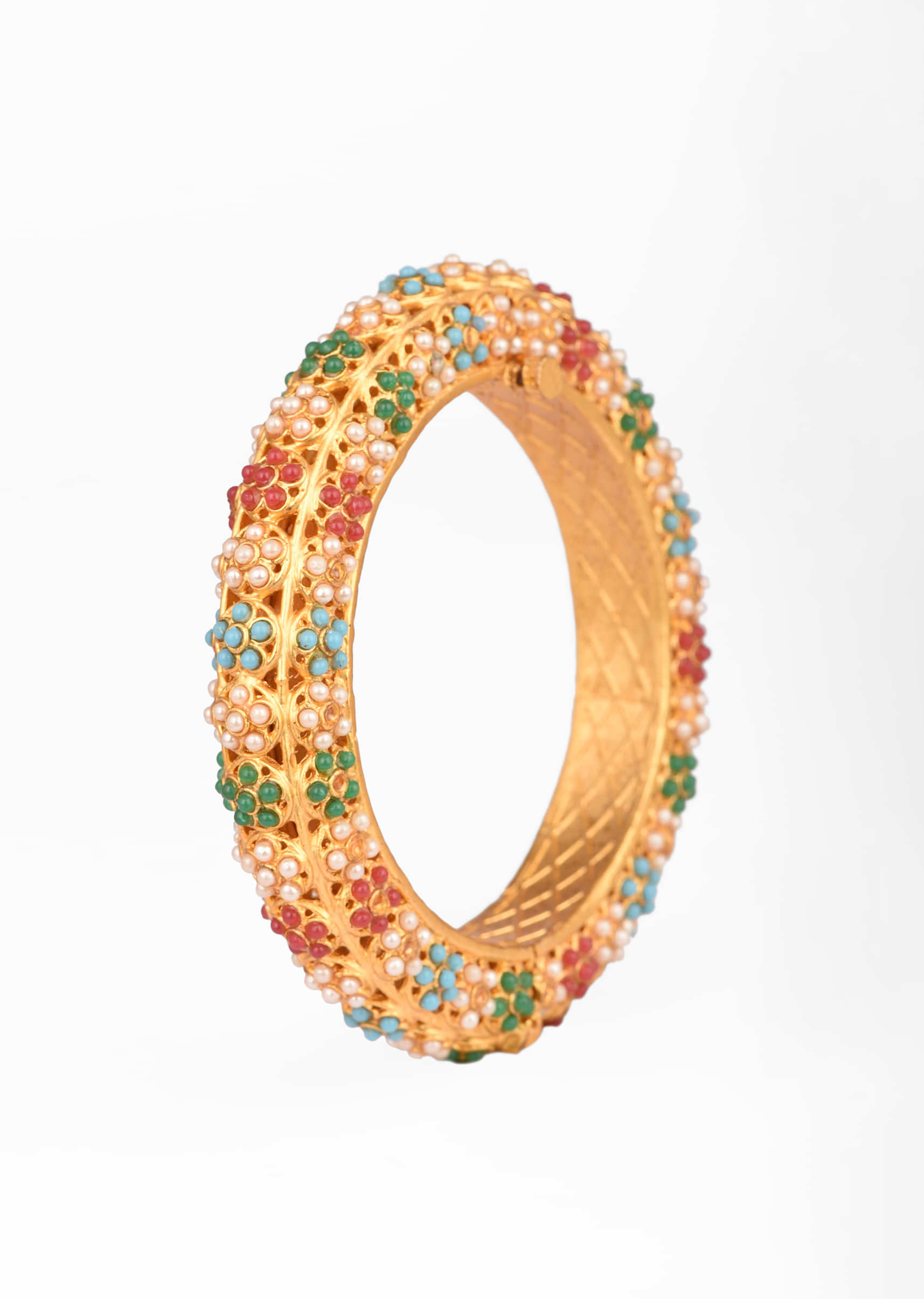 Gold Plated Round Bangle With Multi Colored Bead Studded Flowers