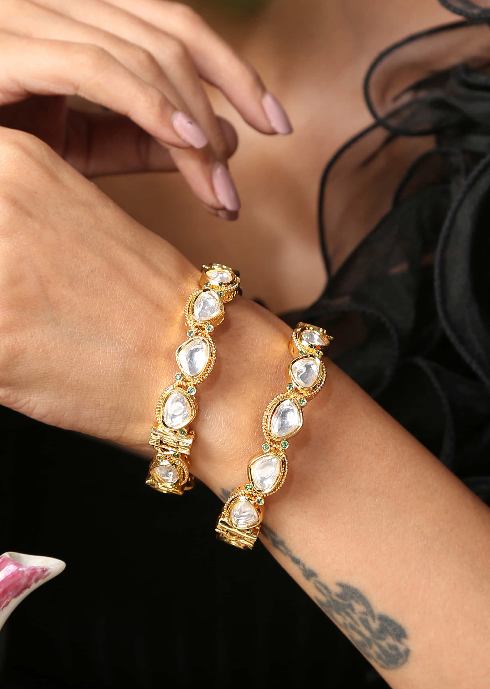 Gold Plated Victorian Polki Bangles With Tiny Cubic Zirconia On The Edges By Paisley Pop