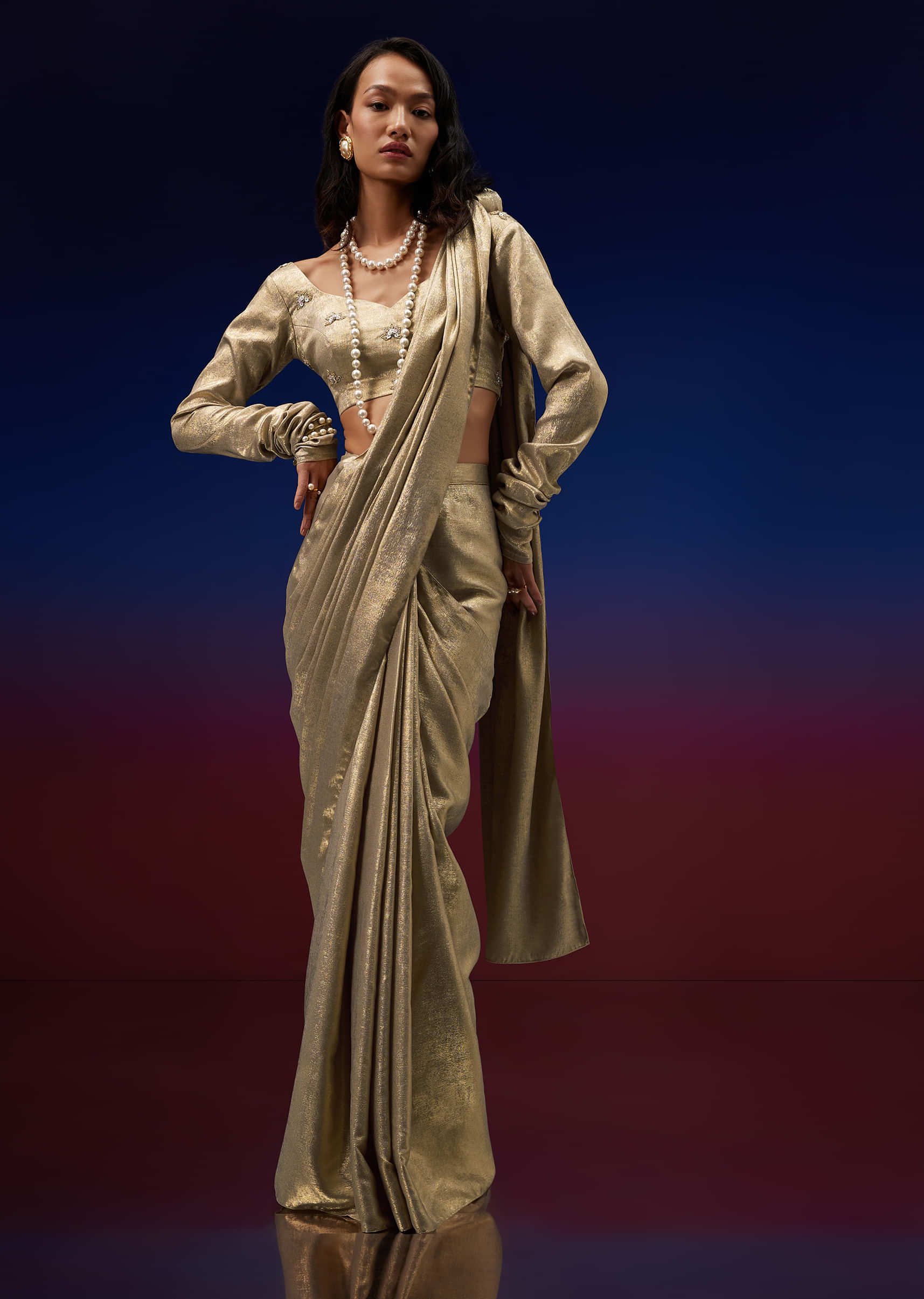 Gold Ready To Wear Stitched Saree In Foil With Bead Motifs