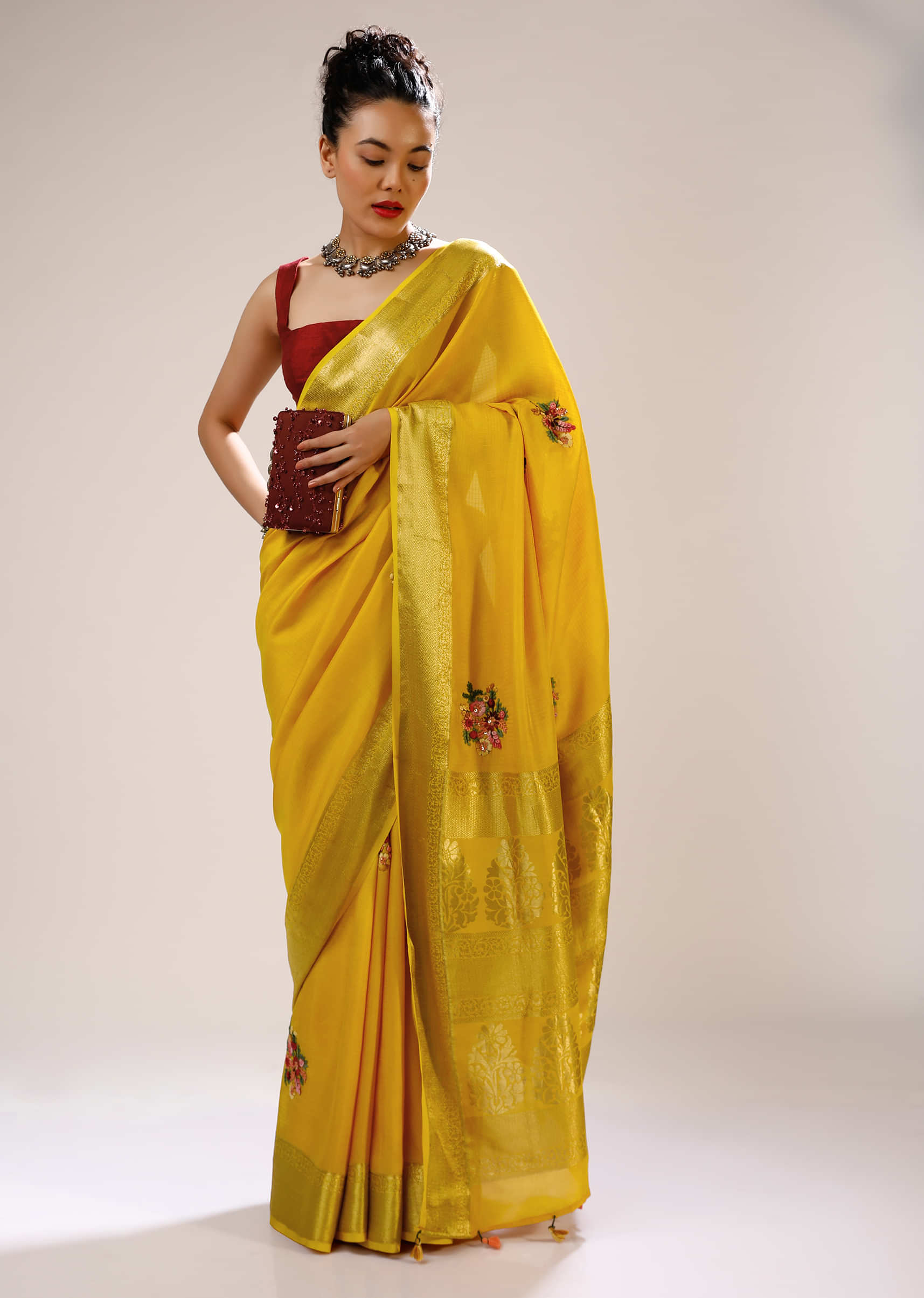 Golden Glow Saree In Silk Blend With Checks Weave, Multi Colored Bud Embroidered Floral Motifs And Brocade Border  
