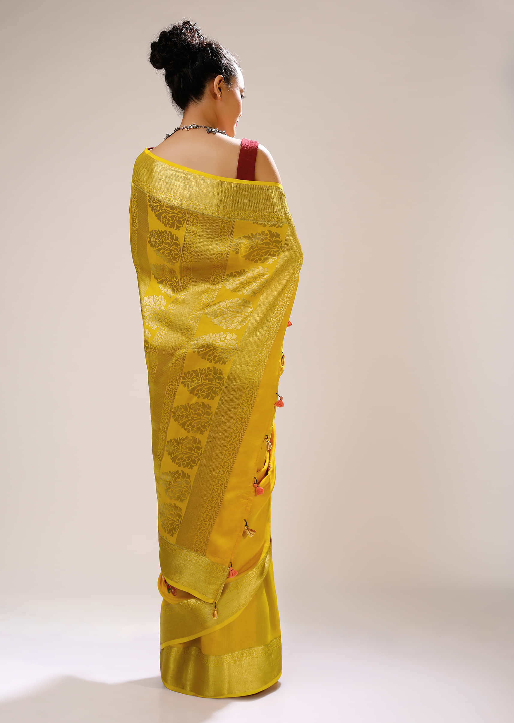 Golden Glow Saree In Silk Blend With Checks Weave, Multi Colored Bud Embroidered Floral Motifs And Brocade Border  