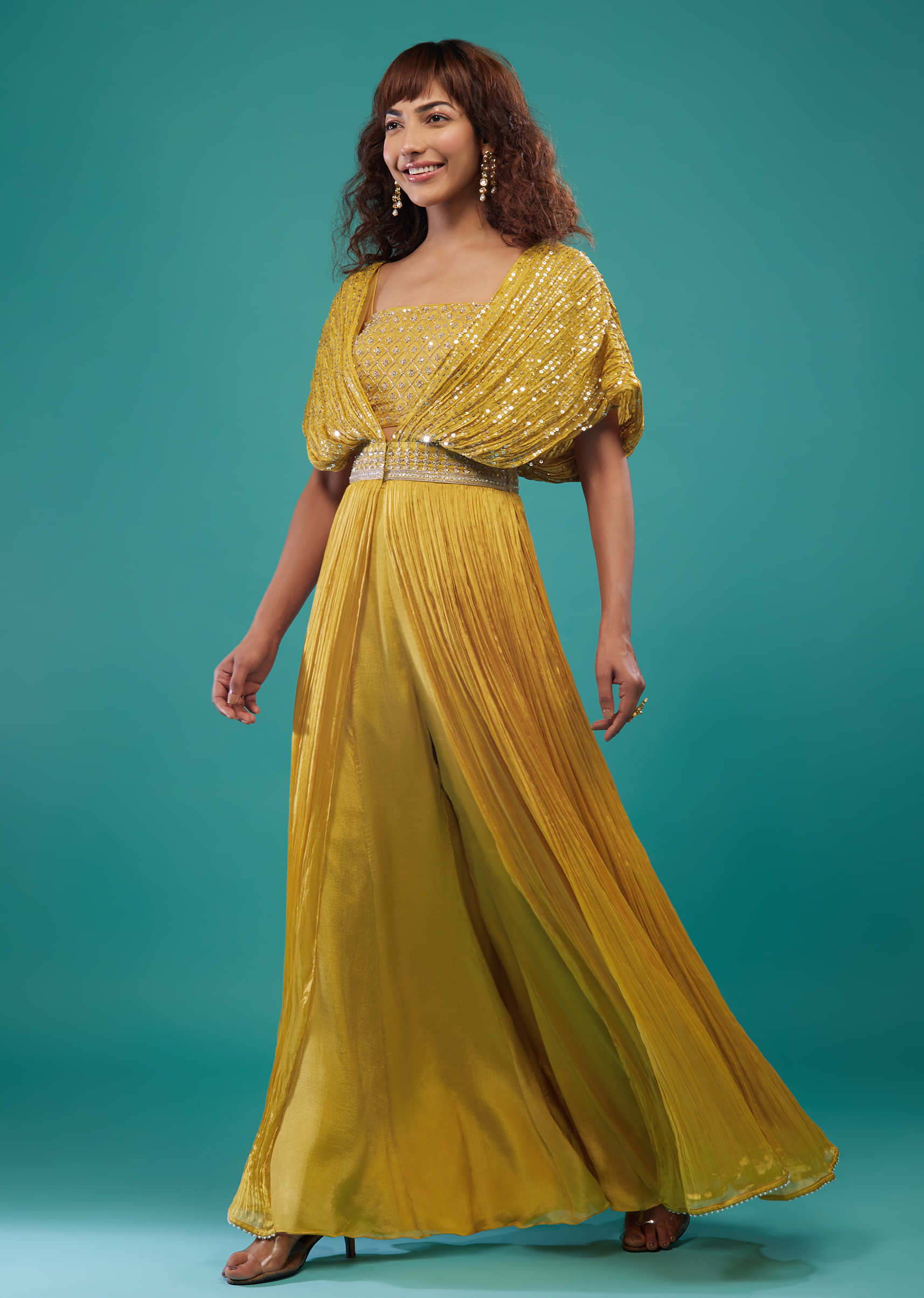 Marigold Yellow Hand-Embroidered Palazzo Crop-Top Set In Chinon