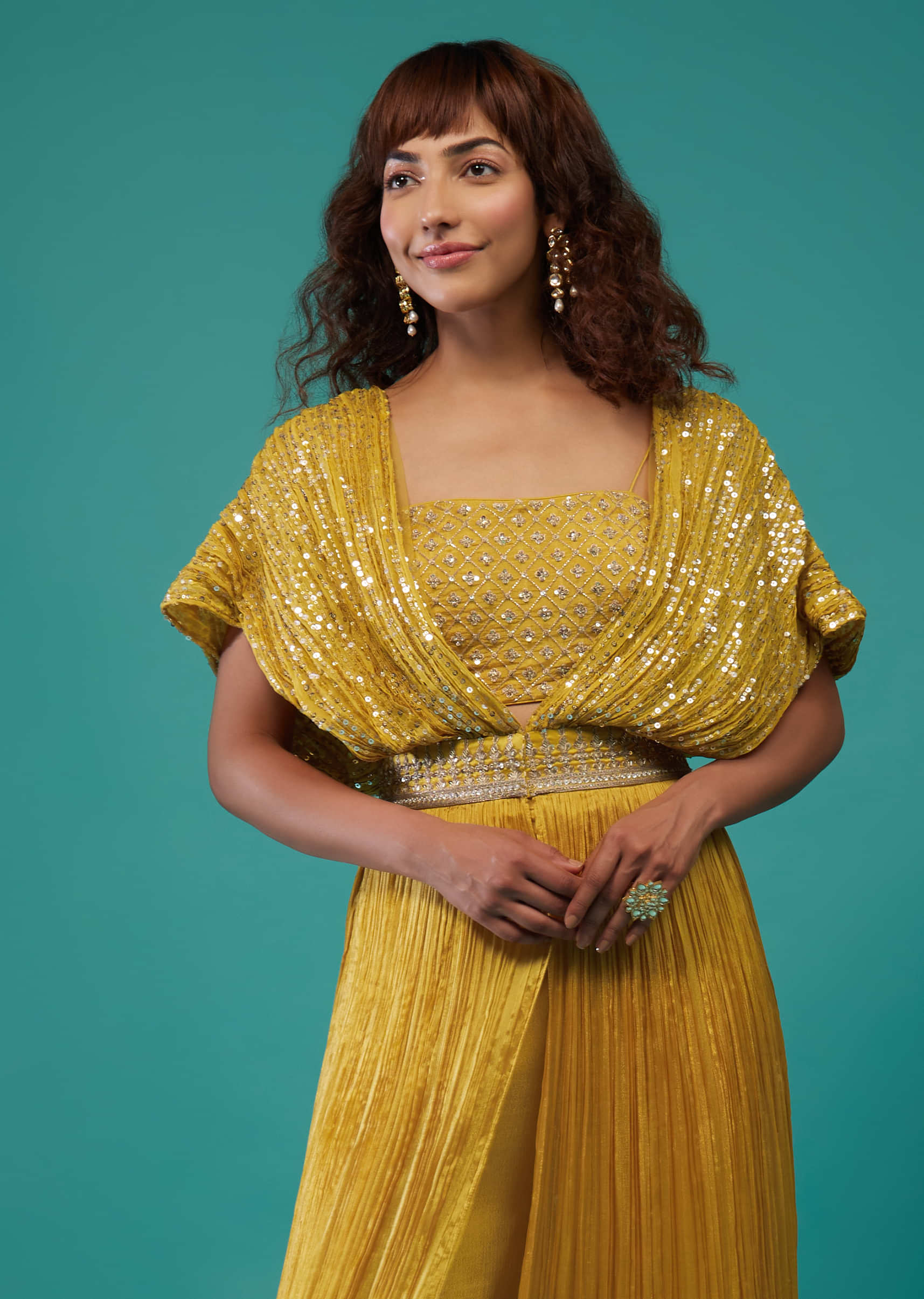 Marigold Yellow Hand-Embroidered Palazzo Crop-Top Set In Chinon