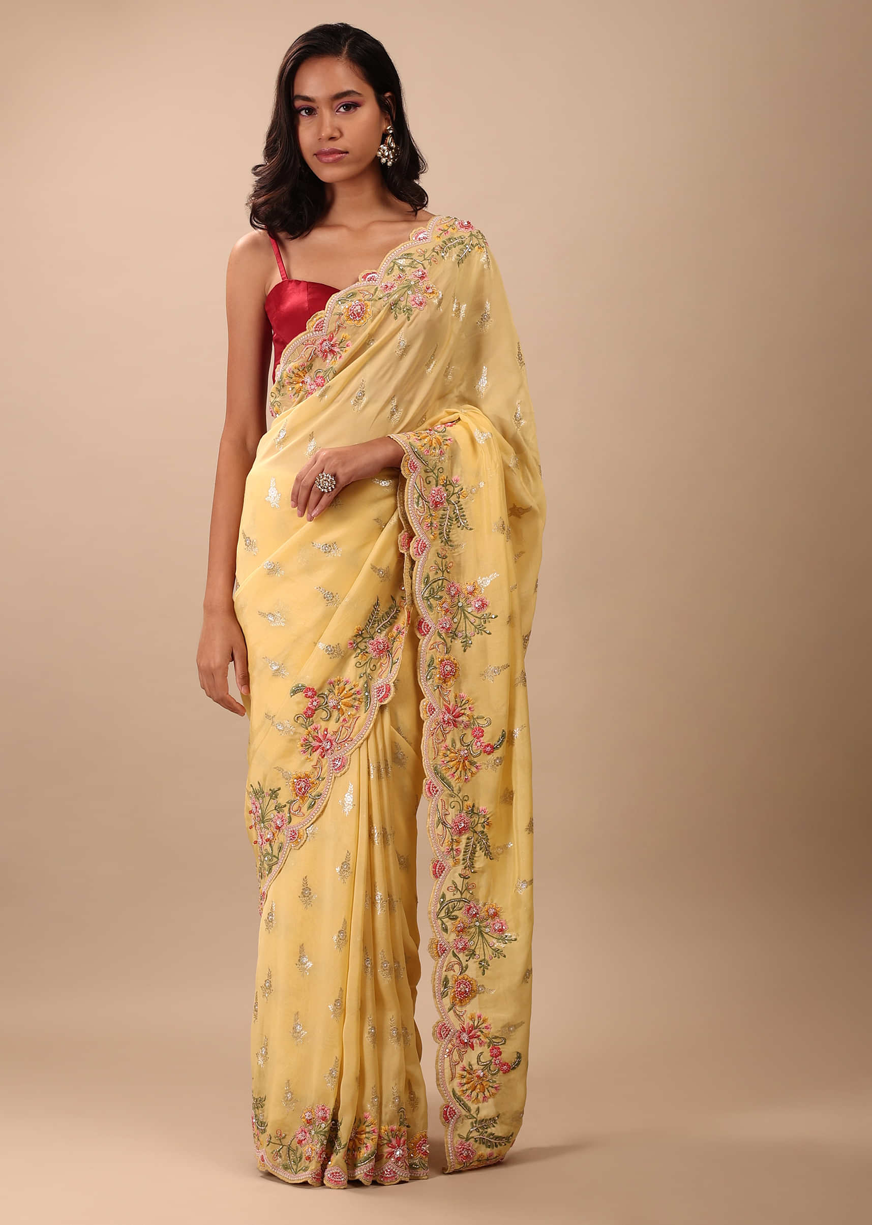 Canary Yellow Organza Saree With Brocade Buttis And Floral Embroidery In Zardosi