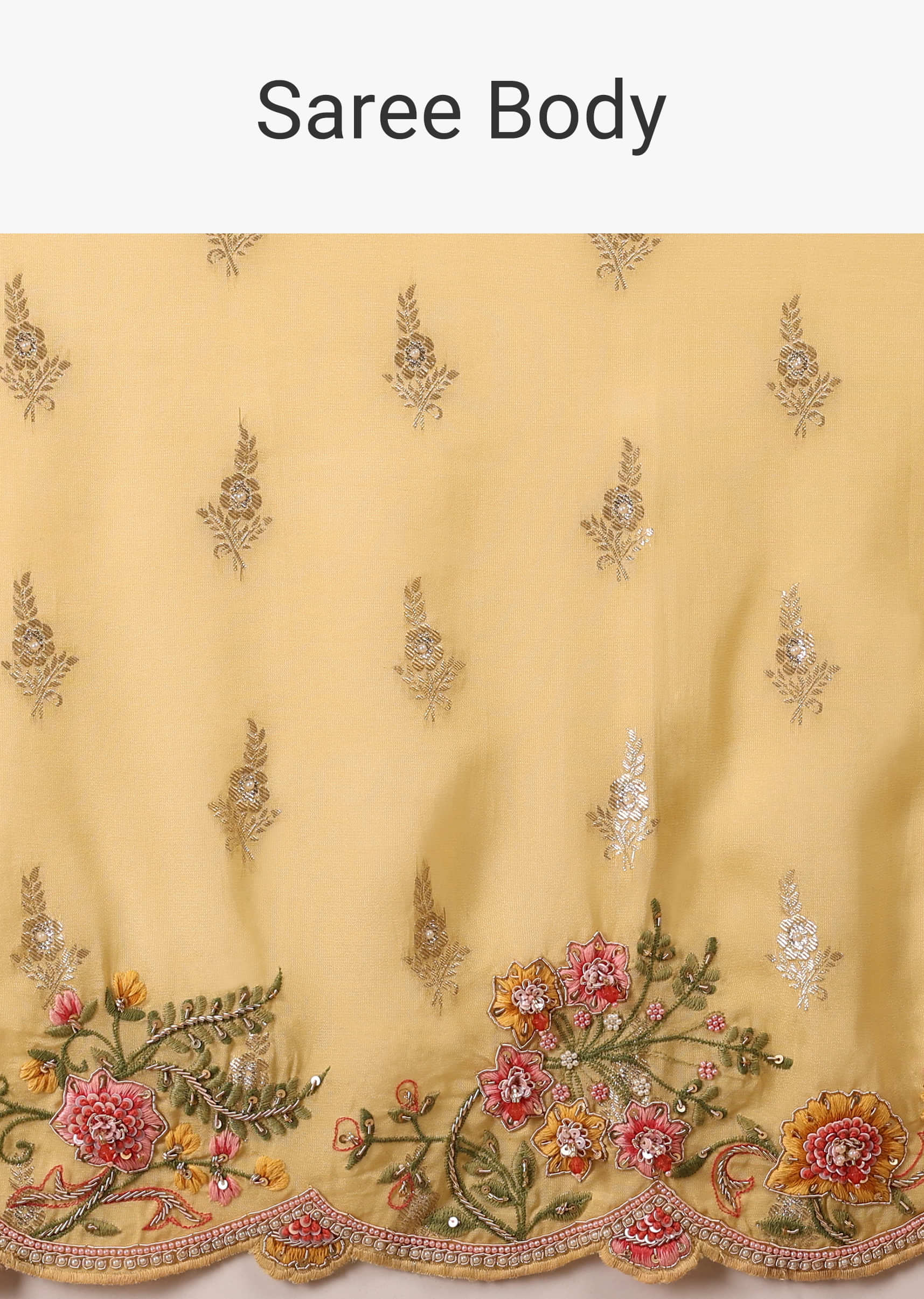 Canary Yellow Organza Saree With Brocade Buttis And Floral Embroidery In Zardosi