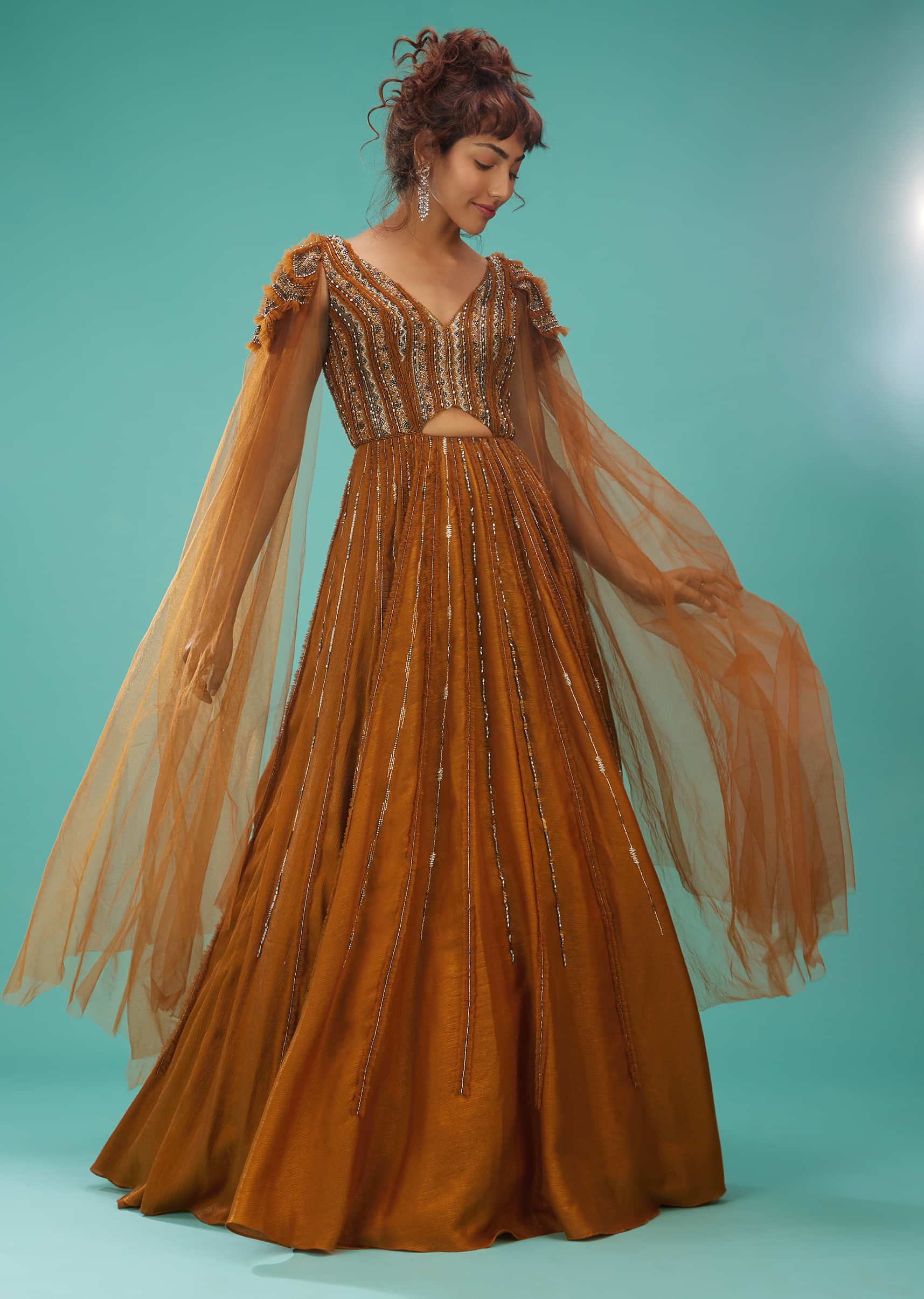 Rust Orange Ball Gown With Ruffle Frills And Embroidery