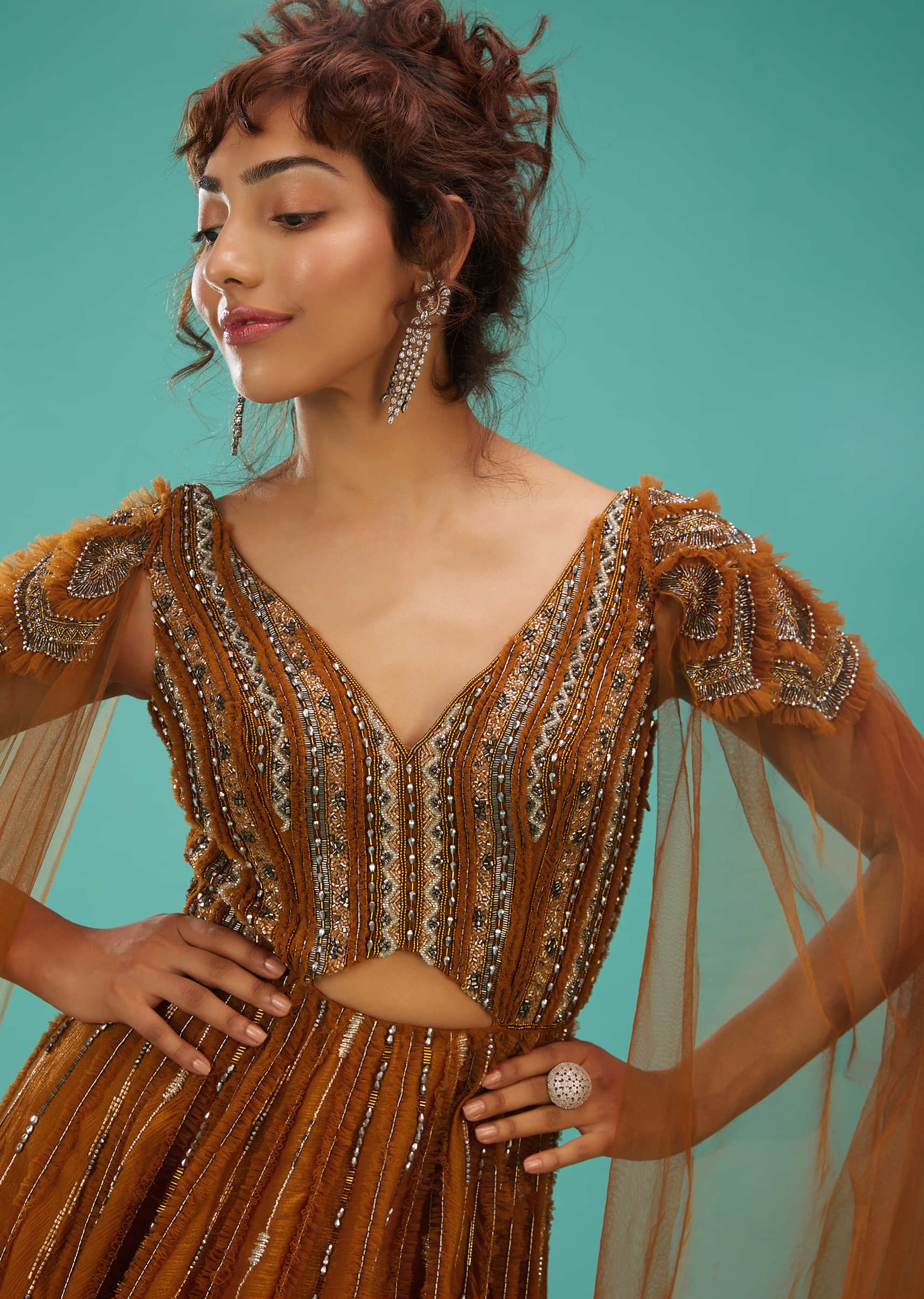 Rust Orange Ball Gown With Ruffle Frills And Embroidery