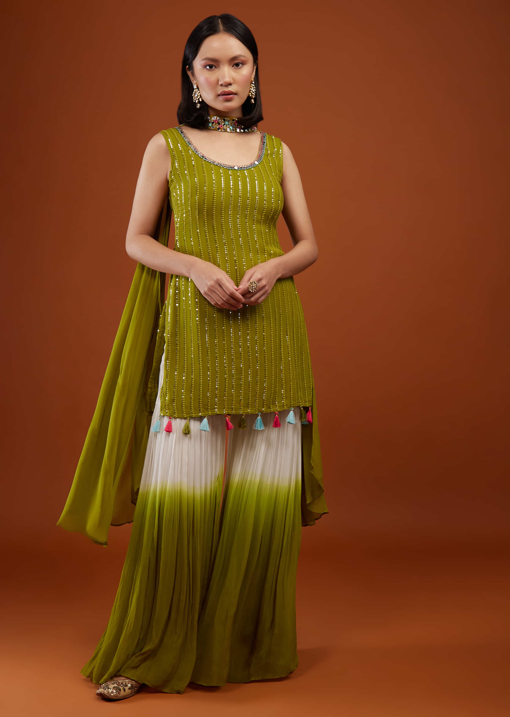 Olive Green Embroidered Georgette Sharara Suit