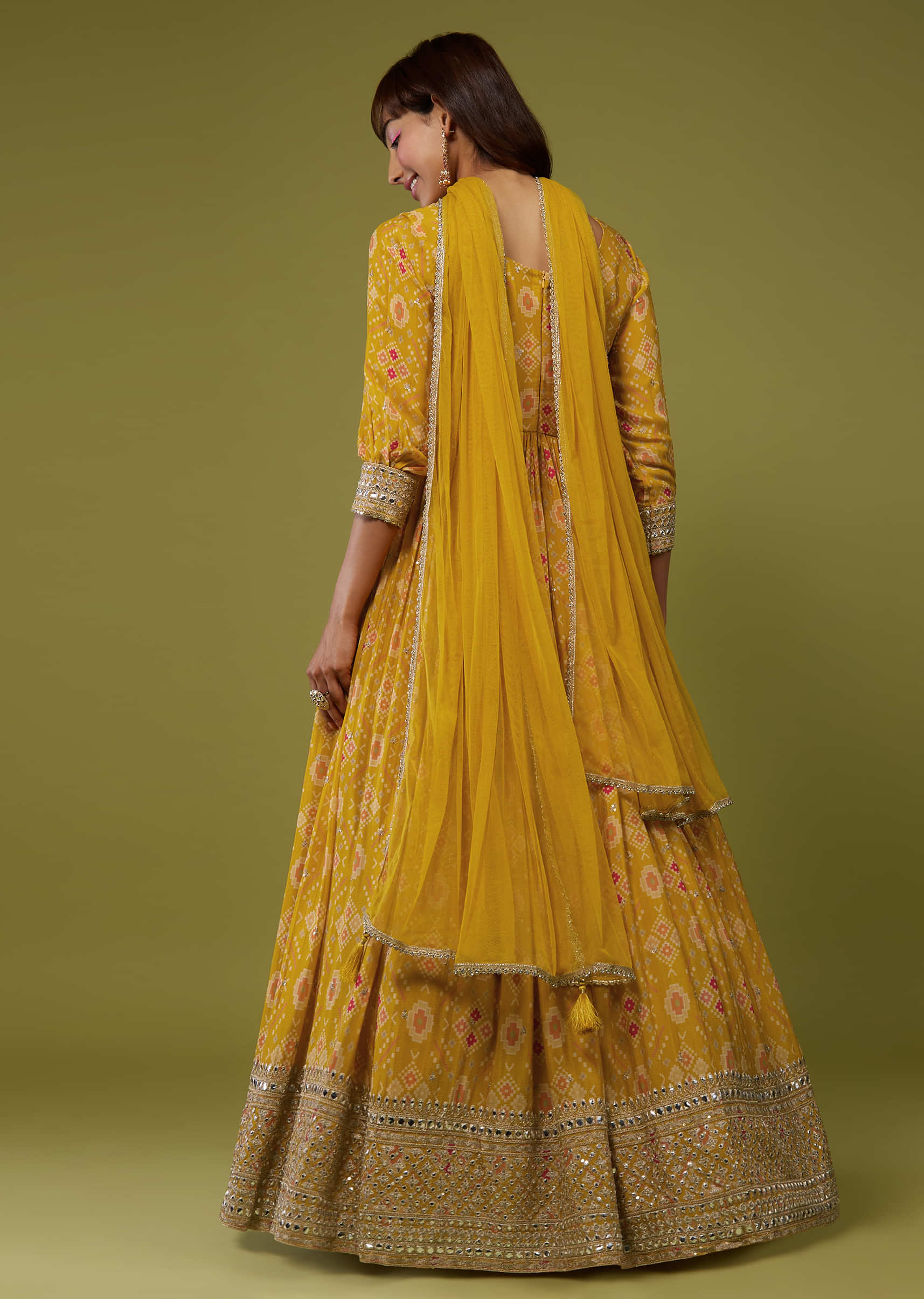 Cyber Yellow Silk Anarkali Suit In Patola Print